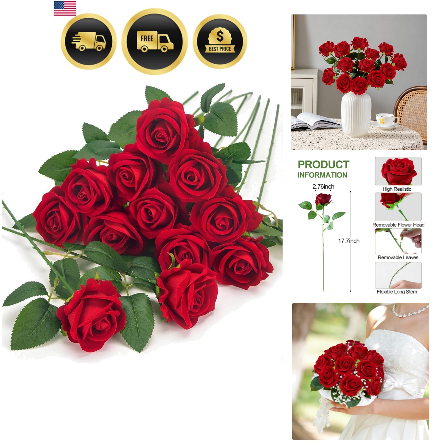 Realistic Velvet Red Roses in Bulk – 12 Pcs Perfect for Weddings and Home Decor