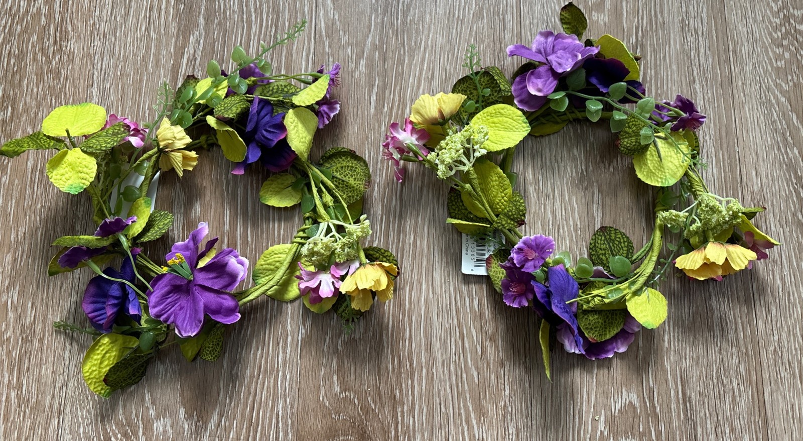 Set of 2 faux floral candle wreath/rings. Green/purple/pink/yellow, 4” ring