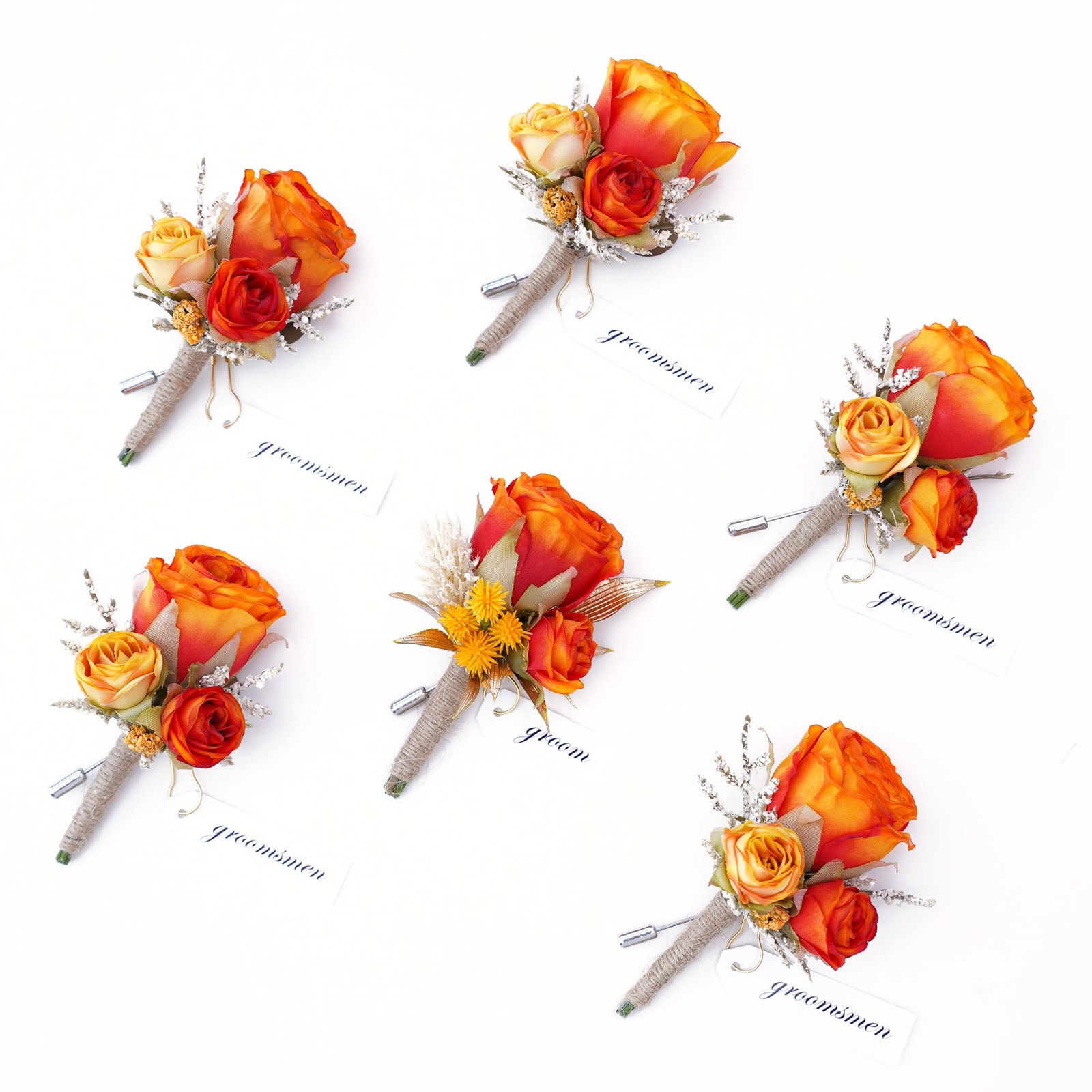 Retro Orange Rose Natural Dried Plants Boutonniere for Men, Set of 6, Corsage…