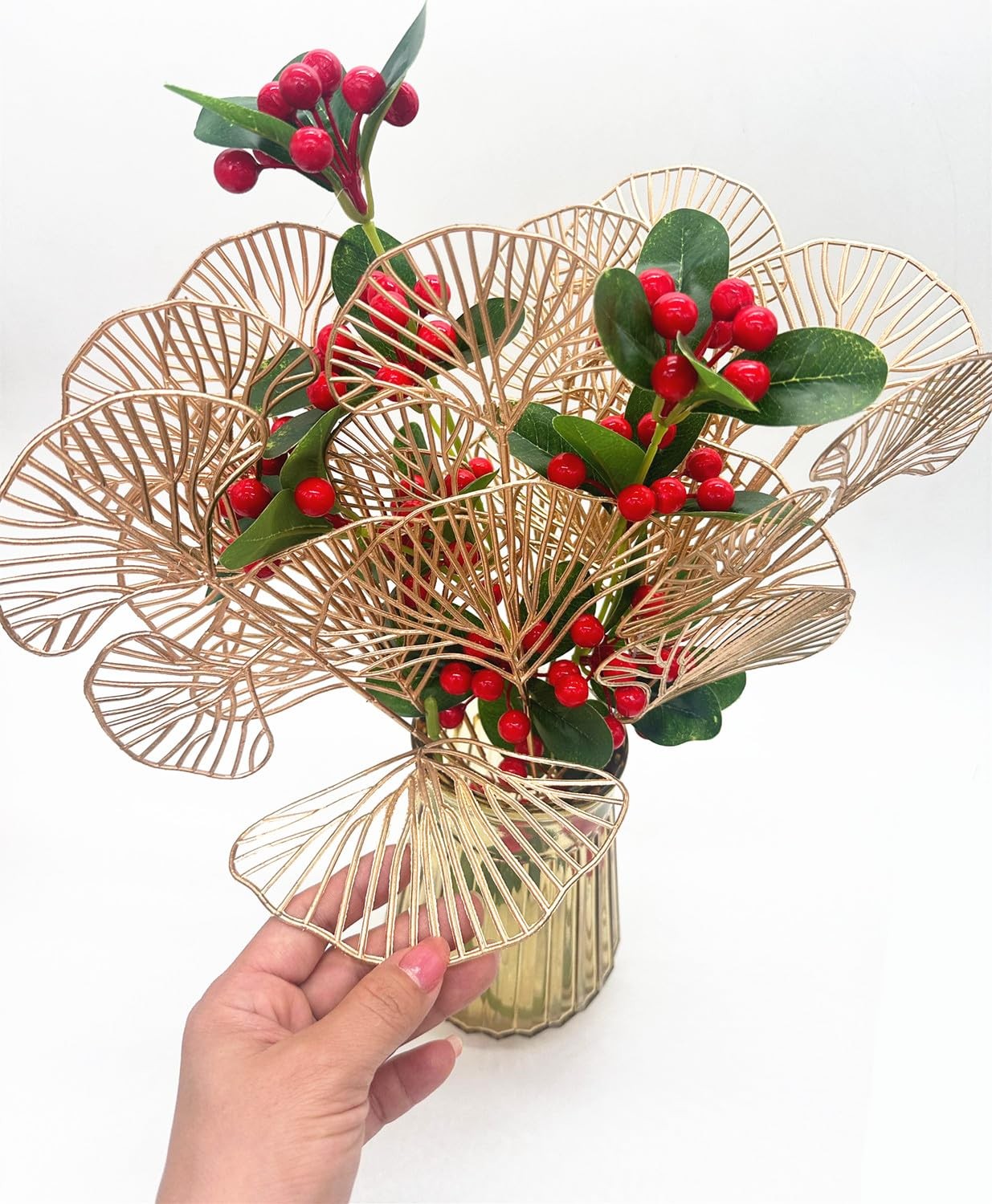 Golden Ginkgo Leaves Stems Christmas Decoration, Artificial Plants Fake Plast…