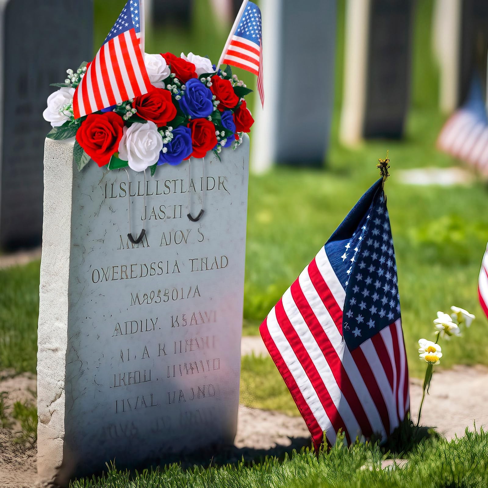 Patriotic Headstone Flower Saddle with Americans, 4th of July Red White Flag