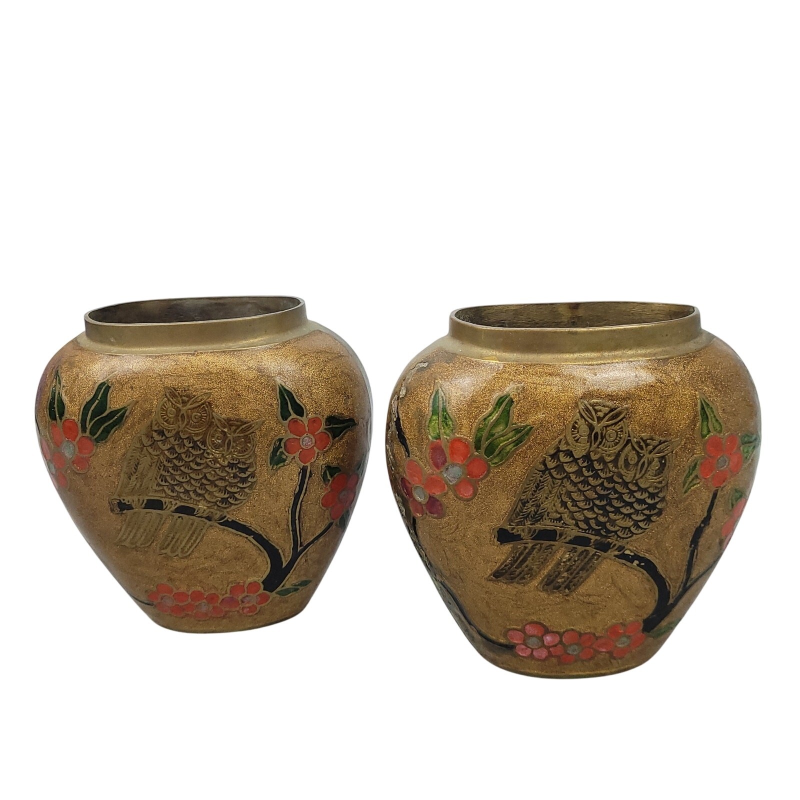 2 Vintage Brass Cloisonné Vases Oval Flat Floral Owls Enamel 4.5″ Boho Handmade