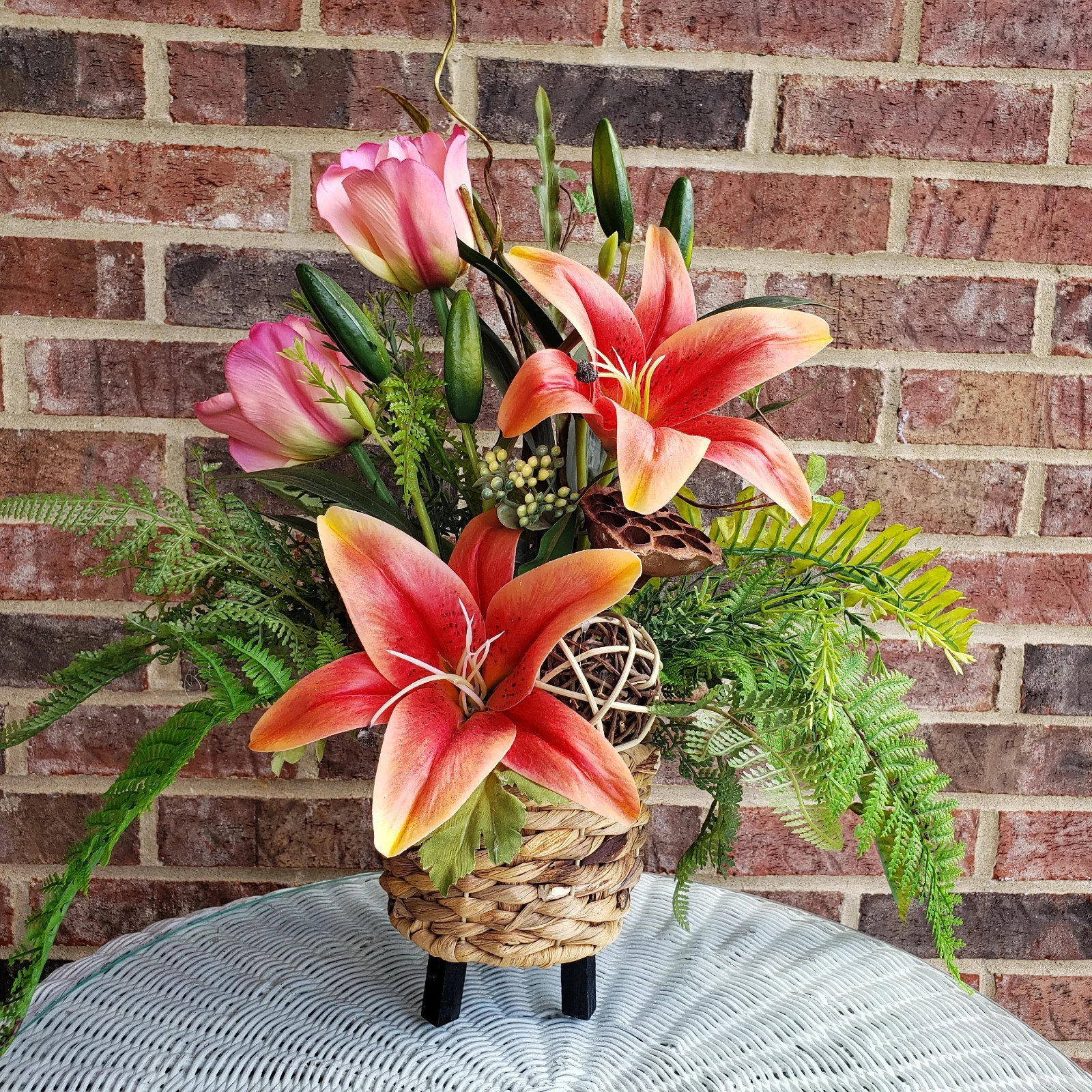 Orange Lily & Pink Tulip Arrangement: Spring Basket Floral, Silk Floral Decor