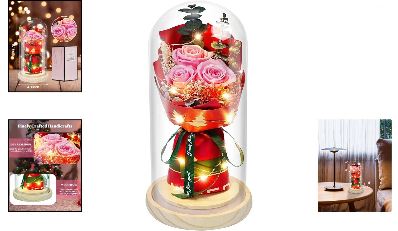 Preserved Flowers in Glass for Her,Pink Real Rose Bouquet with LED Light Eternal