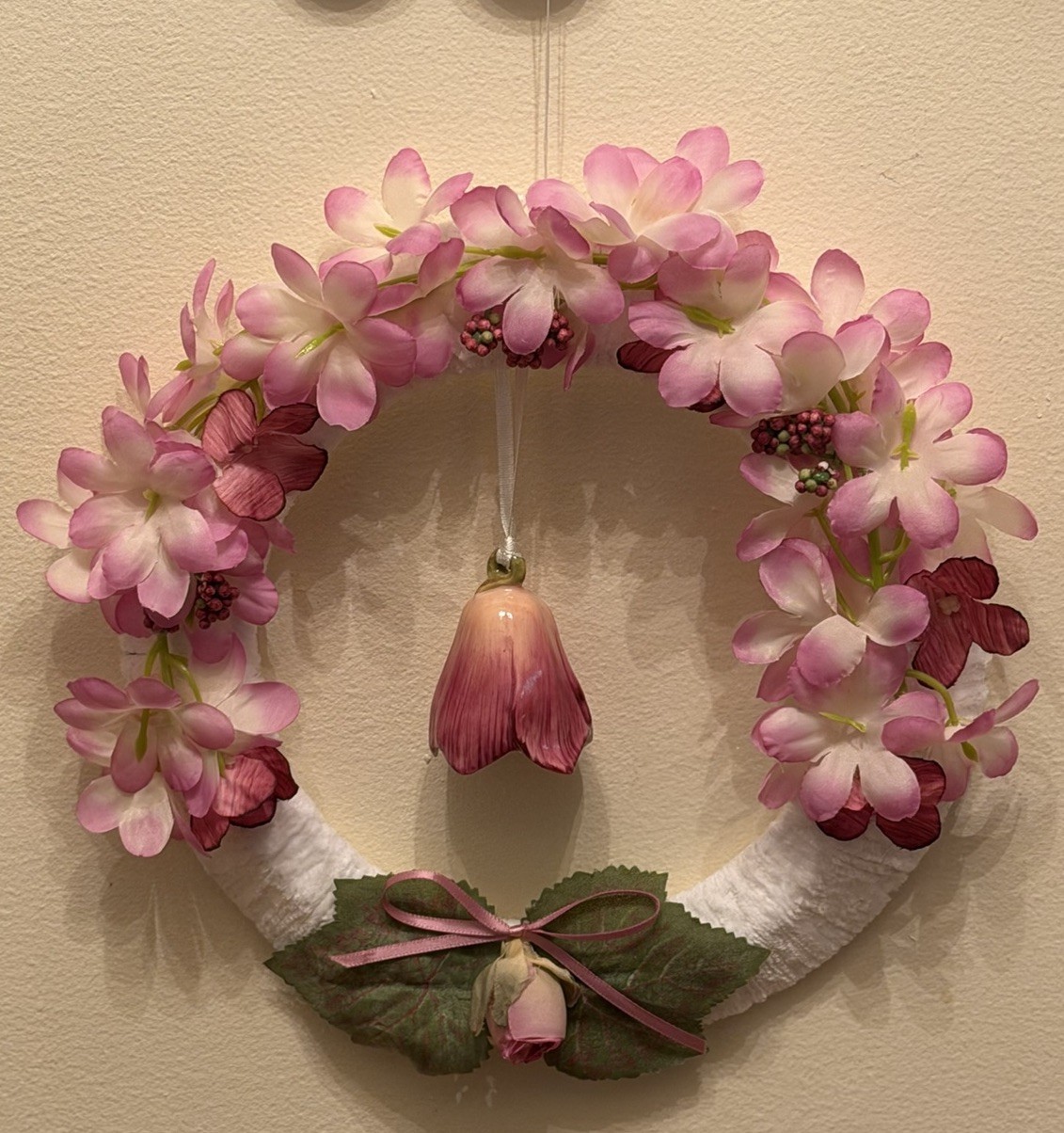 Pink Cherry Blossom Silk Floral Wreath W/Bell-Shaped Dangle Ceramic Flower Cheni