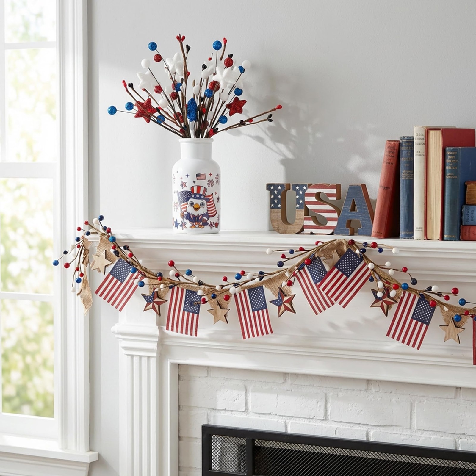 2 Set Patriotic Artificial Flower Stems with Glass Vase, 4th of July Artifici…