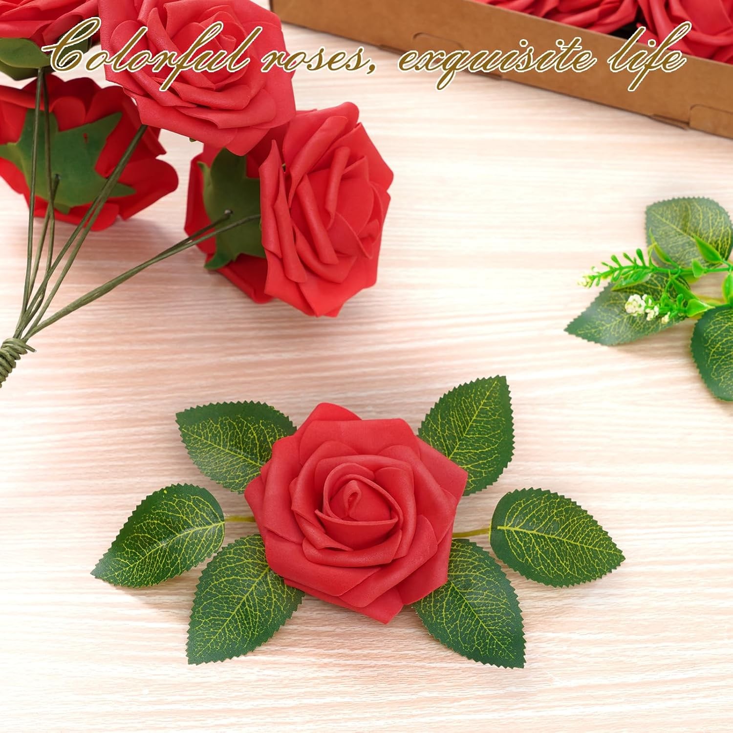 16Pcs Artificial Flowers Fake Roses with Stems, Red Boxed Foam Roses for DIY