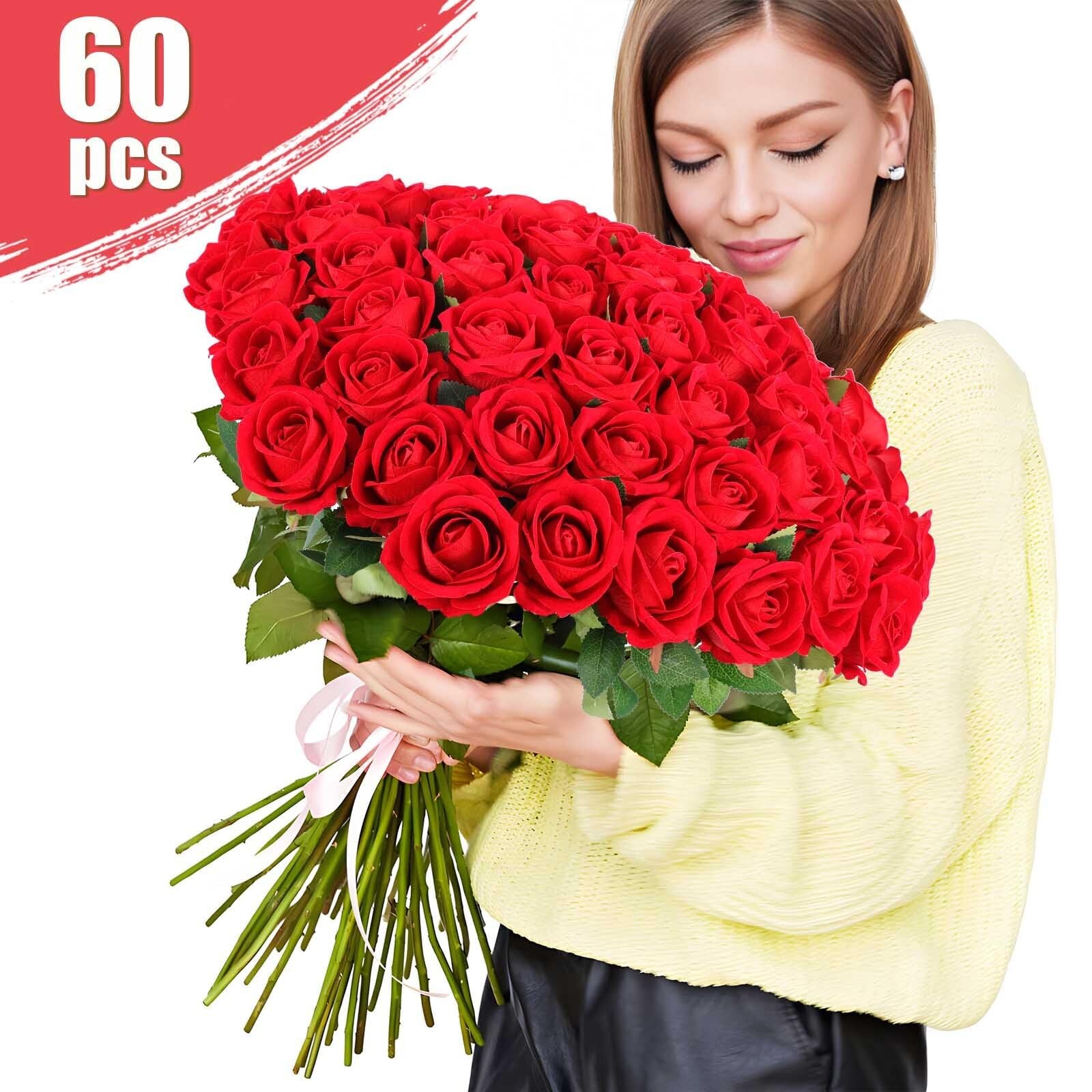 60 Pcs Artificial Roses Bulk Velvet Silk White Roses Red Roses for Wedding Ce…