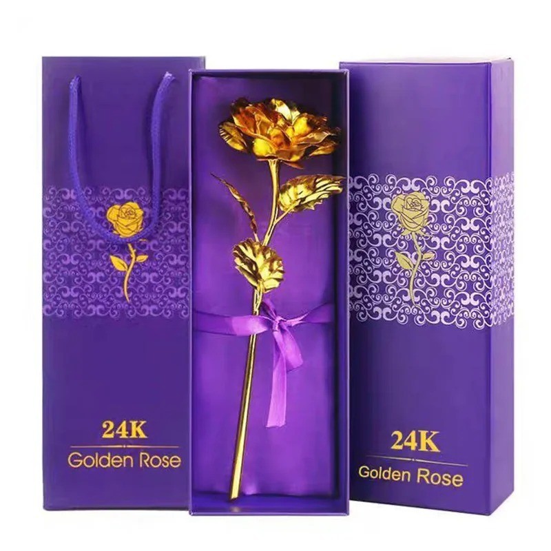 24k Gold Plated Foil Rose Flower Long Stem Dipped New Year Xmas Gift For Her
