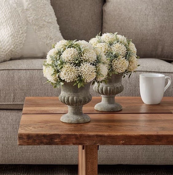 Pure Garden Artificial Floral Arrangement 9.5″ Faux Plant w/ Urn White Set of 2