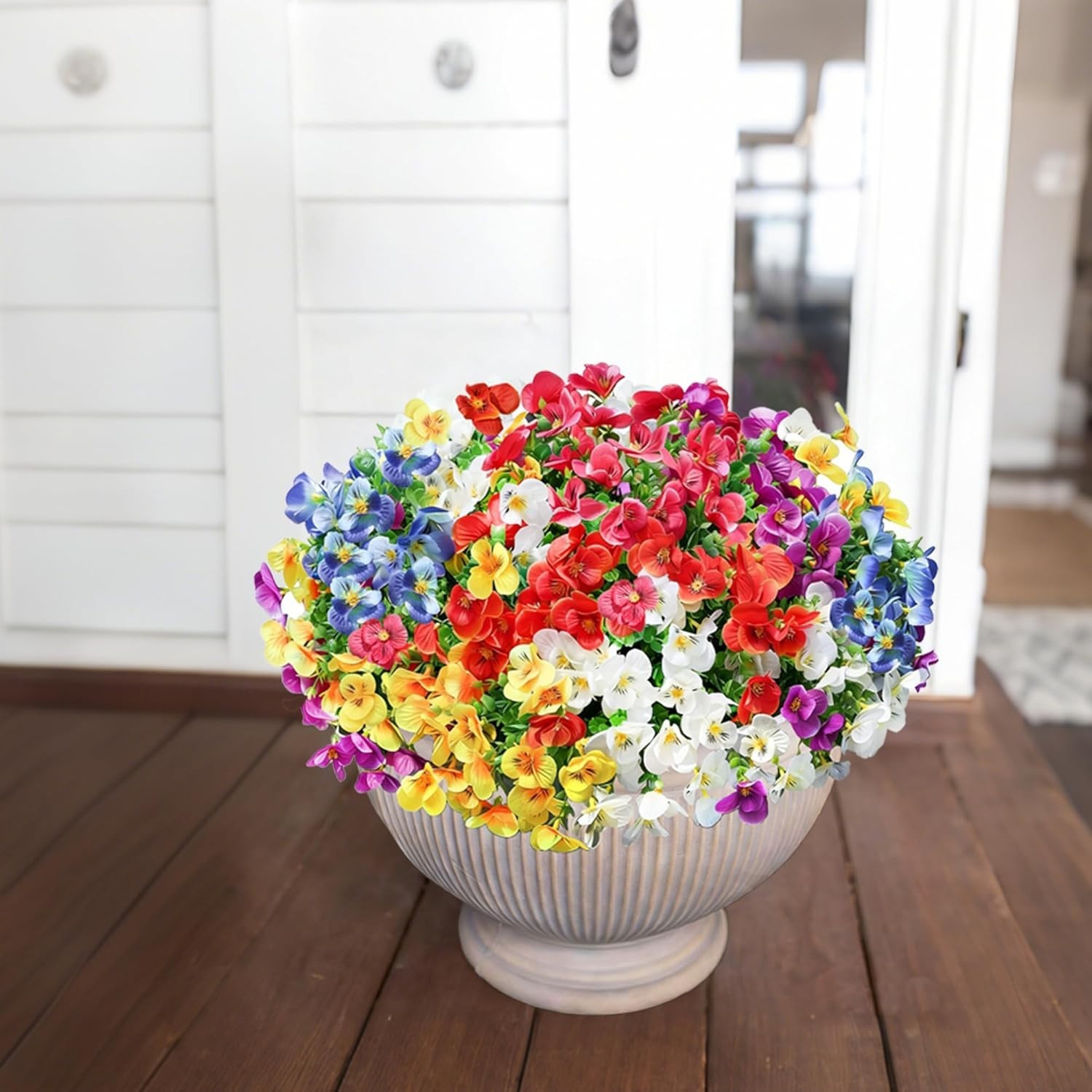 Artificial Pansy Flowers with Eucalyptus—Perfect for Gardens & Porches, 12 Count