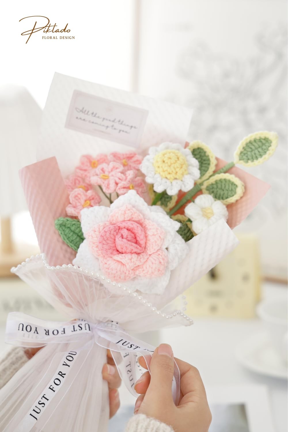 Piklado Handmade Crochet Pink Rose Daisy Bouquet for Family & Friends Finishe…