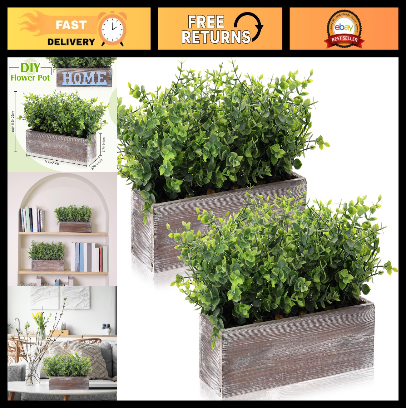 2 Pack Faux Eucalyptus Plants in Rustic Wooden Planter Box – Indoor Wedding Cent
