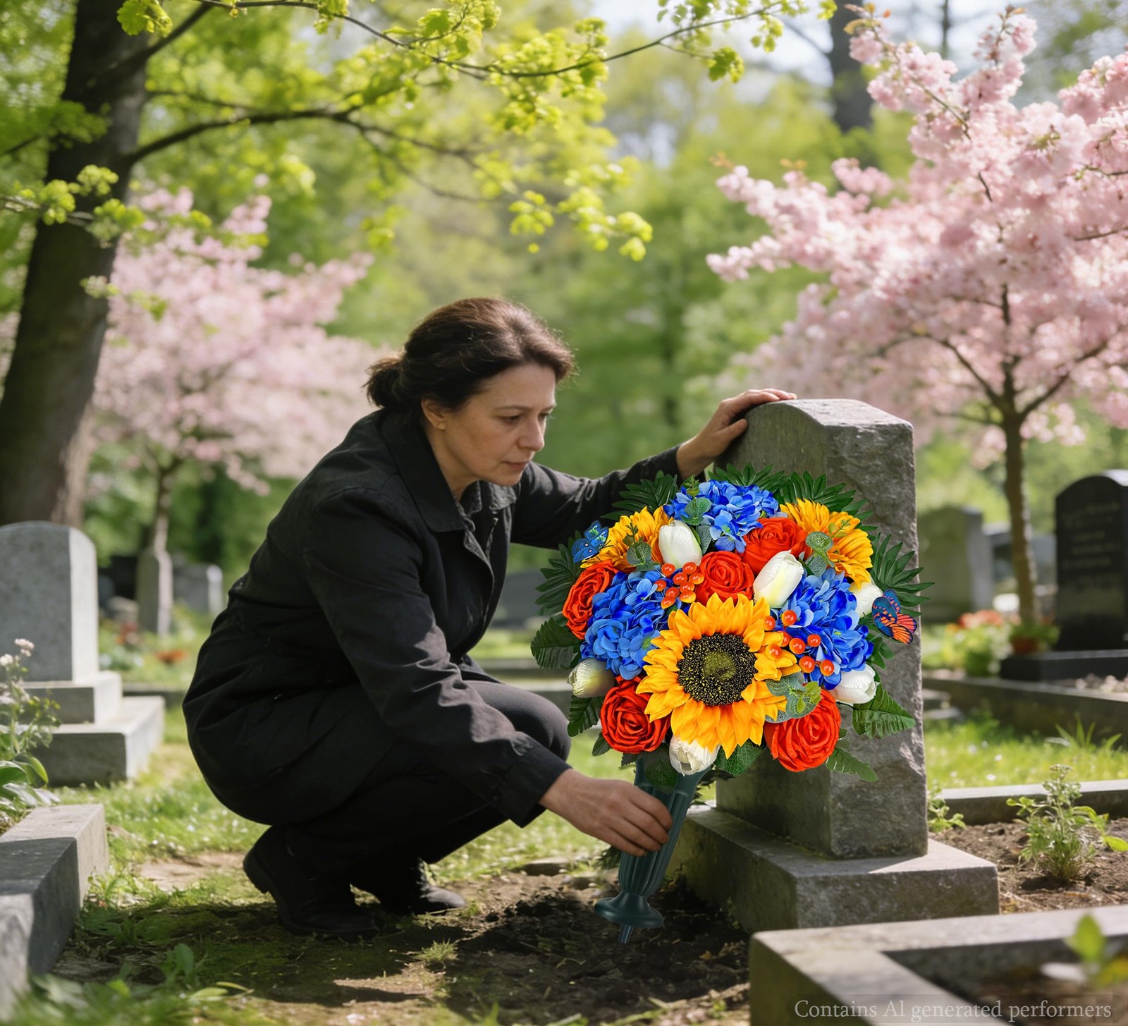 Artificial Cemetery Flowers Grave Vase Headstone Silk Arrangement Orange