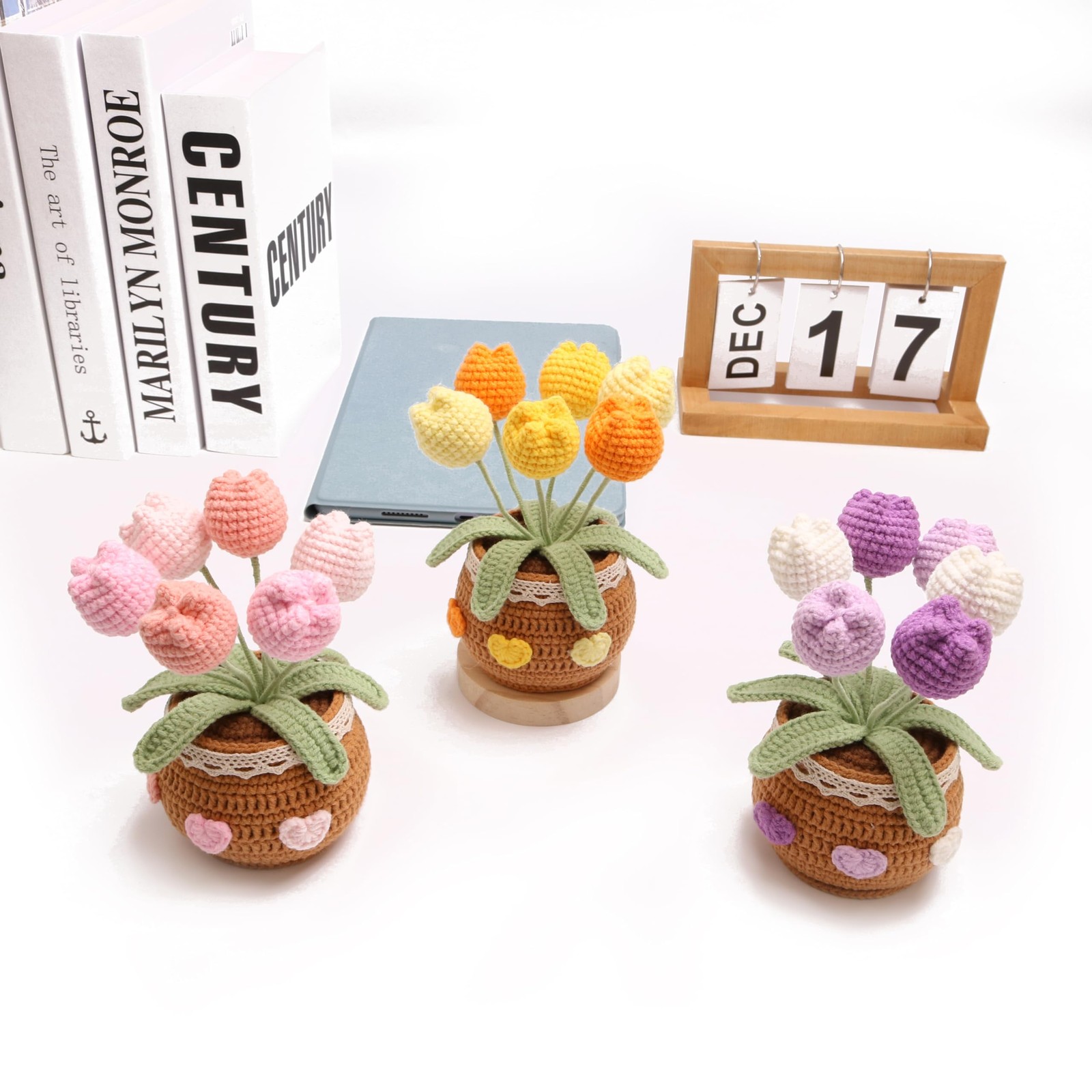 Pink Crocheted Tulip Bouquets Hand Woven Artificial Flowers 6 PCS Gift