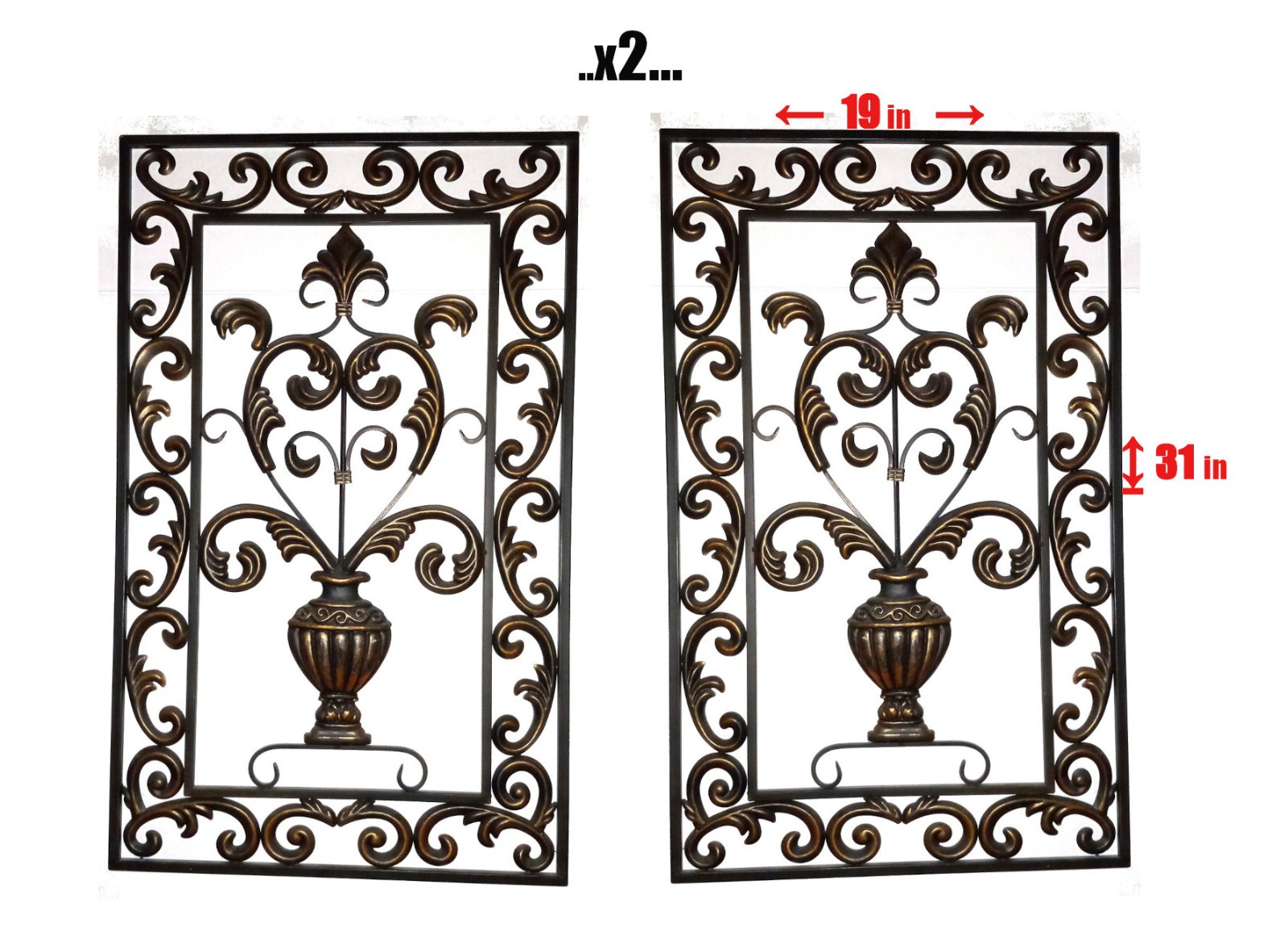 2 Antique DISTRESSED COLOR FINISH Wrought Iron FLORAL WALL DECOR PANELS 31 x 19″