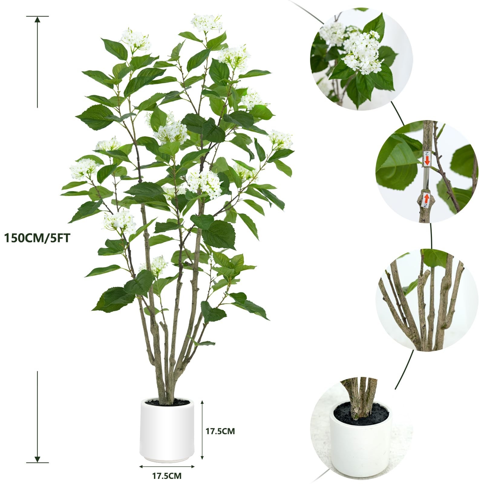 5ft Artificial Hydrangea Tree in Decorative Planter Faux White Flowers Fake P…