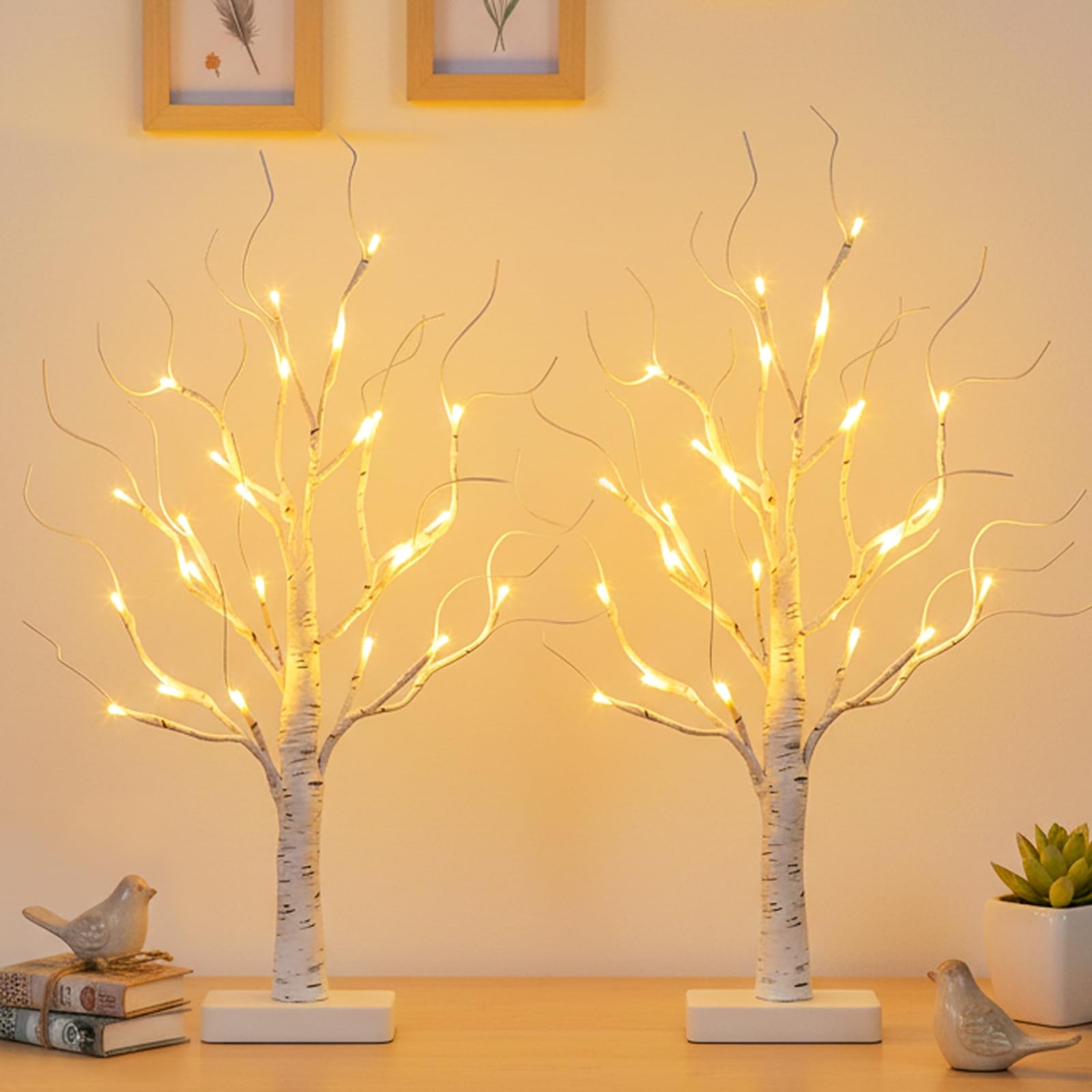 2 PCS Lighted Birch Tree 24 LED Tabletop Centerpiece Battery Timer Decor