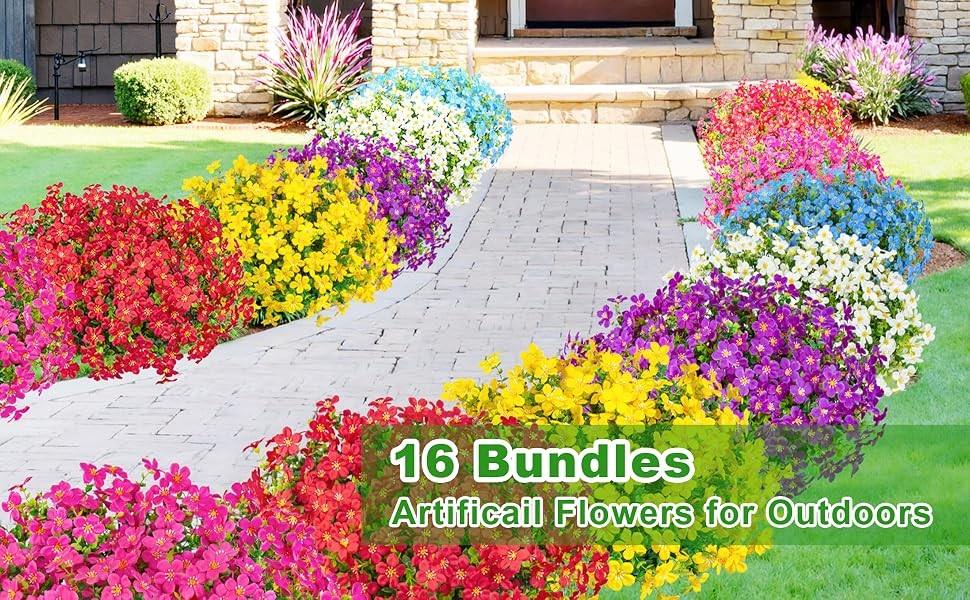16 Pcs Artificial Flowers for Outdoors Decoration, Mixed | Fake silk flowers, UV