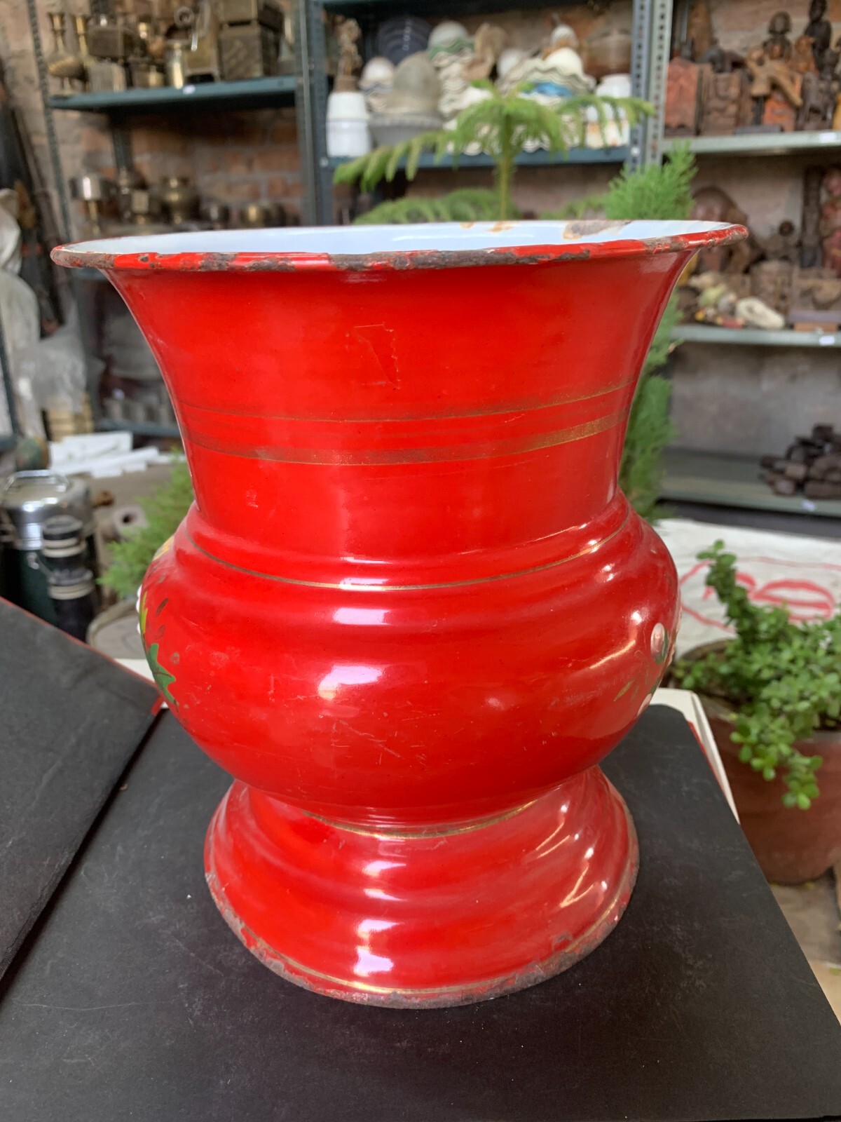 Vintage Hand Crafted Red Color Enamel Floral Leaf Design Painted Flower Vase Pot