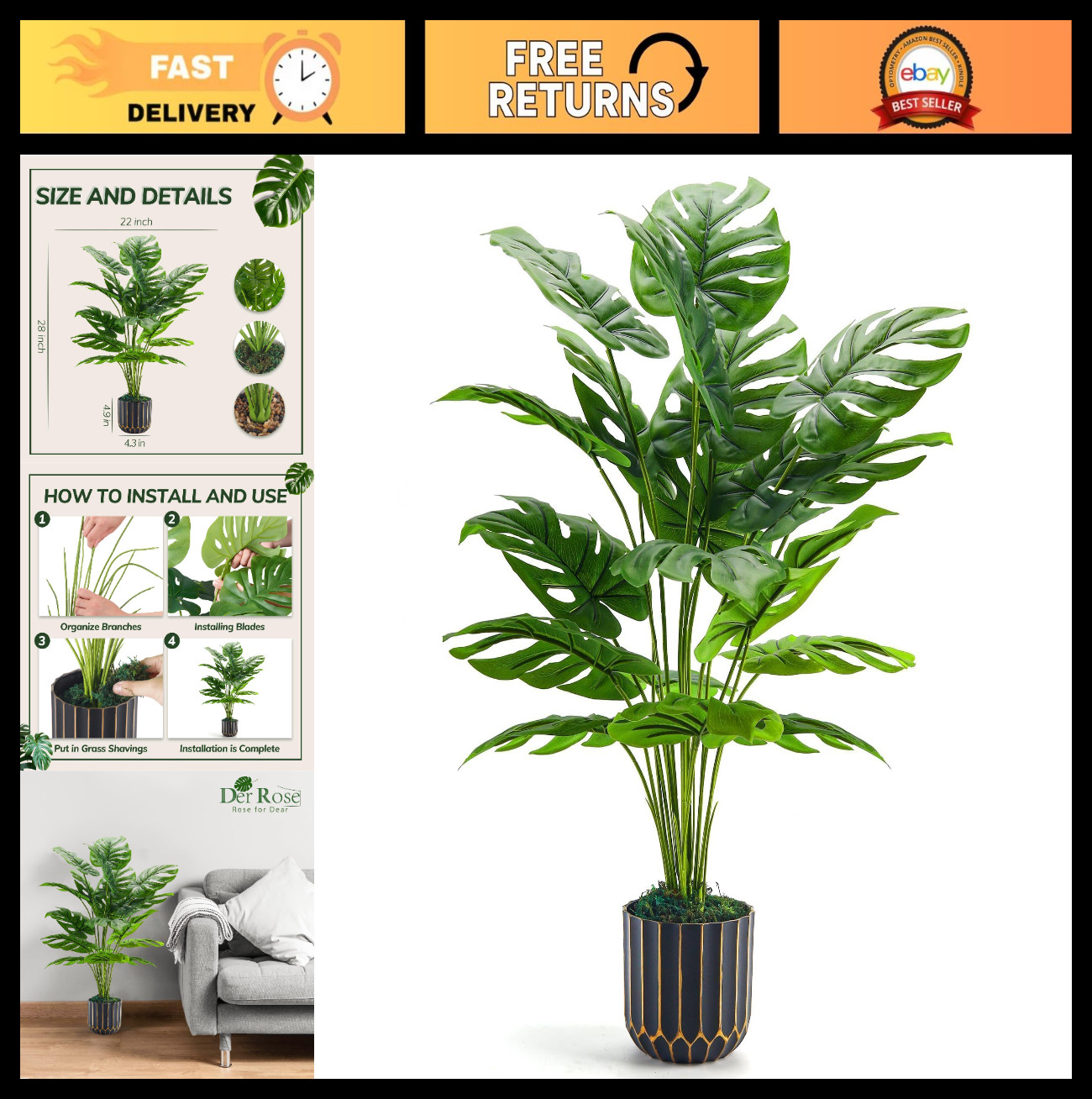 28″ Tall Artificial Monstera Plant – Faux Indoor/Outdoor Tree for Home Decor