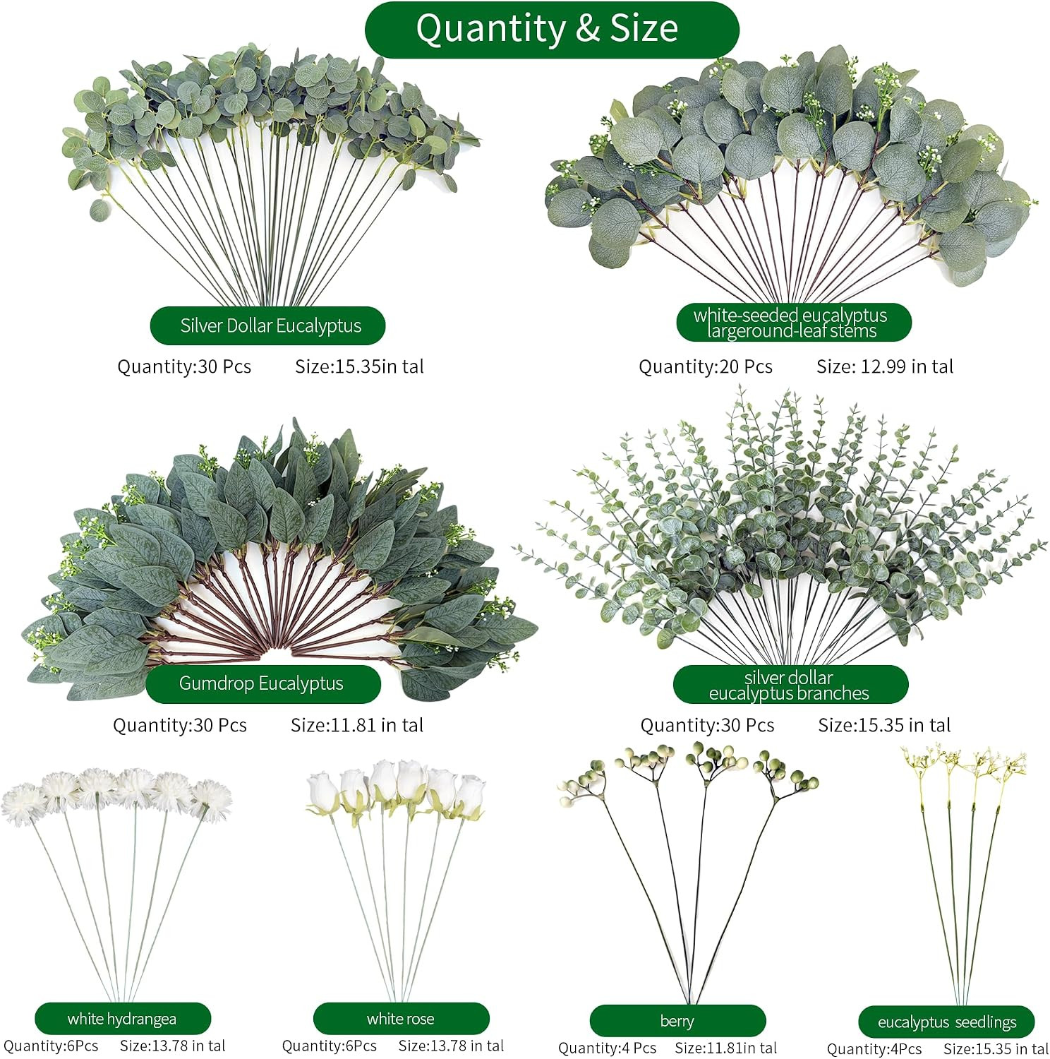 130 Pcs Mixed Eucalyptus Leaves Stems 8 Kinds Artificial Bulk Fake Silver Dollar