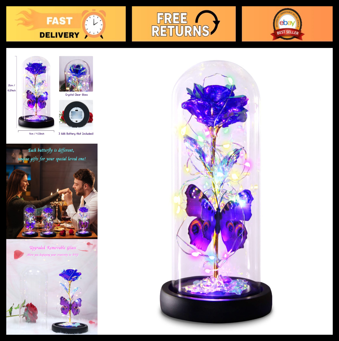 Light Up Purple Butterfly Rose in Glass Dome – Eternal Mother’s Day Gift for Mom