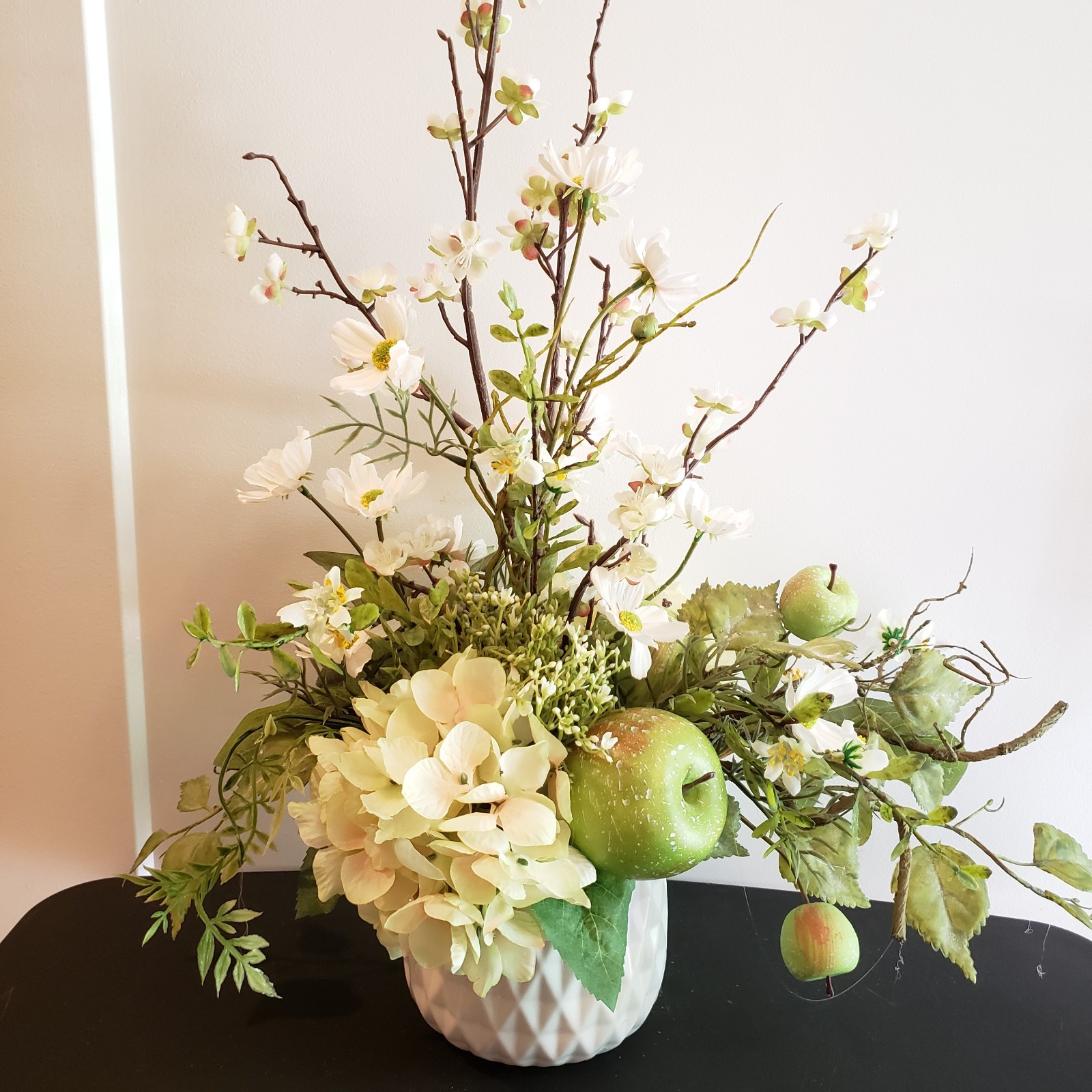 Neutral Apple Blossom Centerpiece, Farmhouse Hydrangea Arrangement, Green Apple