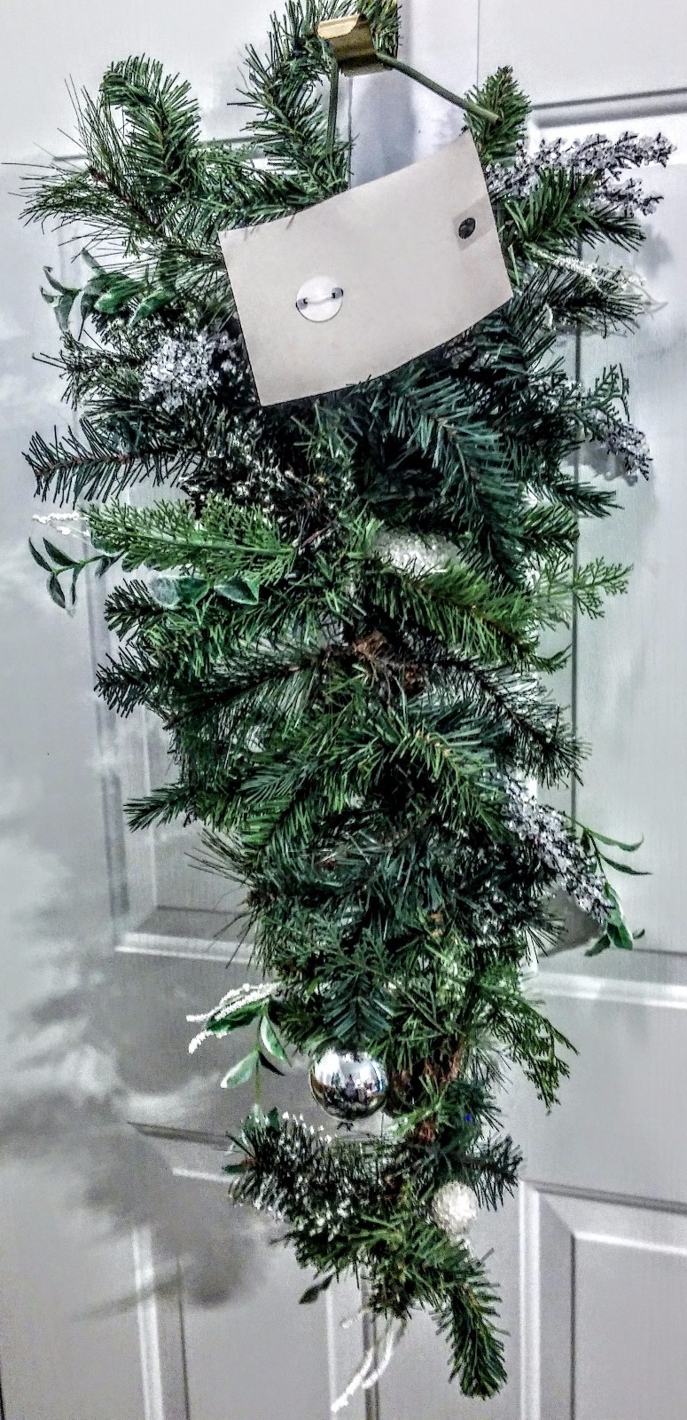 NWT 37″T Christmas Teardrop-Snowy & Icy Pine, Cones & Silver & White Ornaments