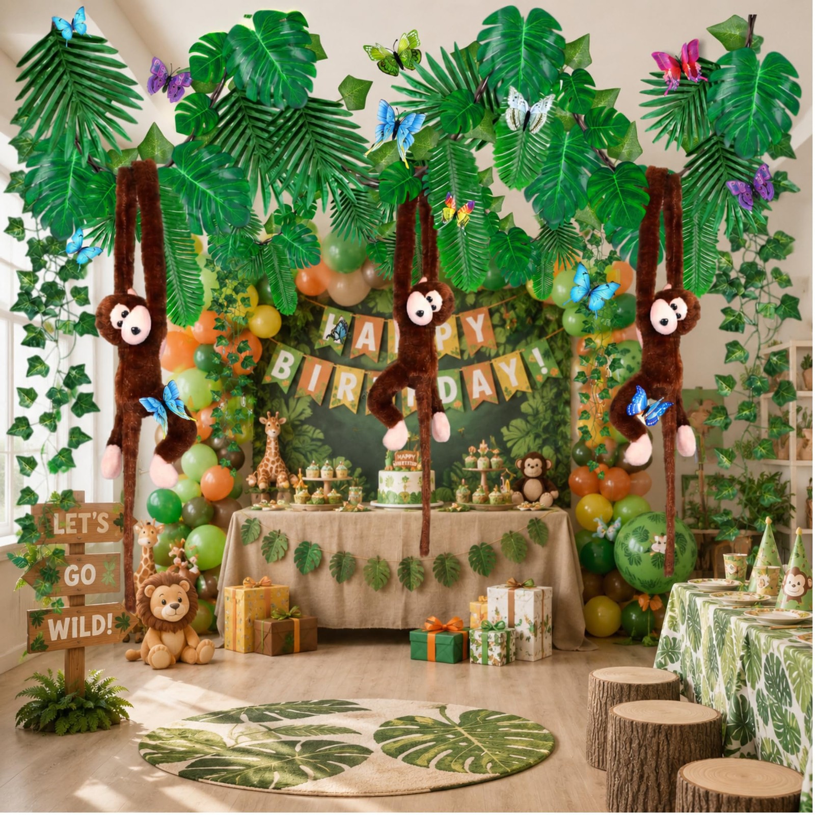 105PCS Jungle Party Decorations Kit with Hanging Monkeys, Artificial Ivy Garl…