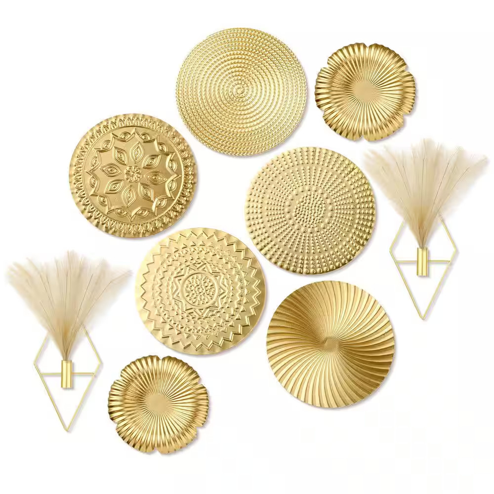 9 Pcs Gold Metal Wall Art Set Artificial Plant Modern Boho Pampas Grass Decor fo