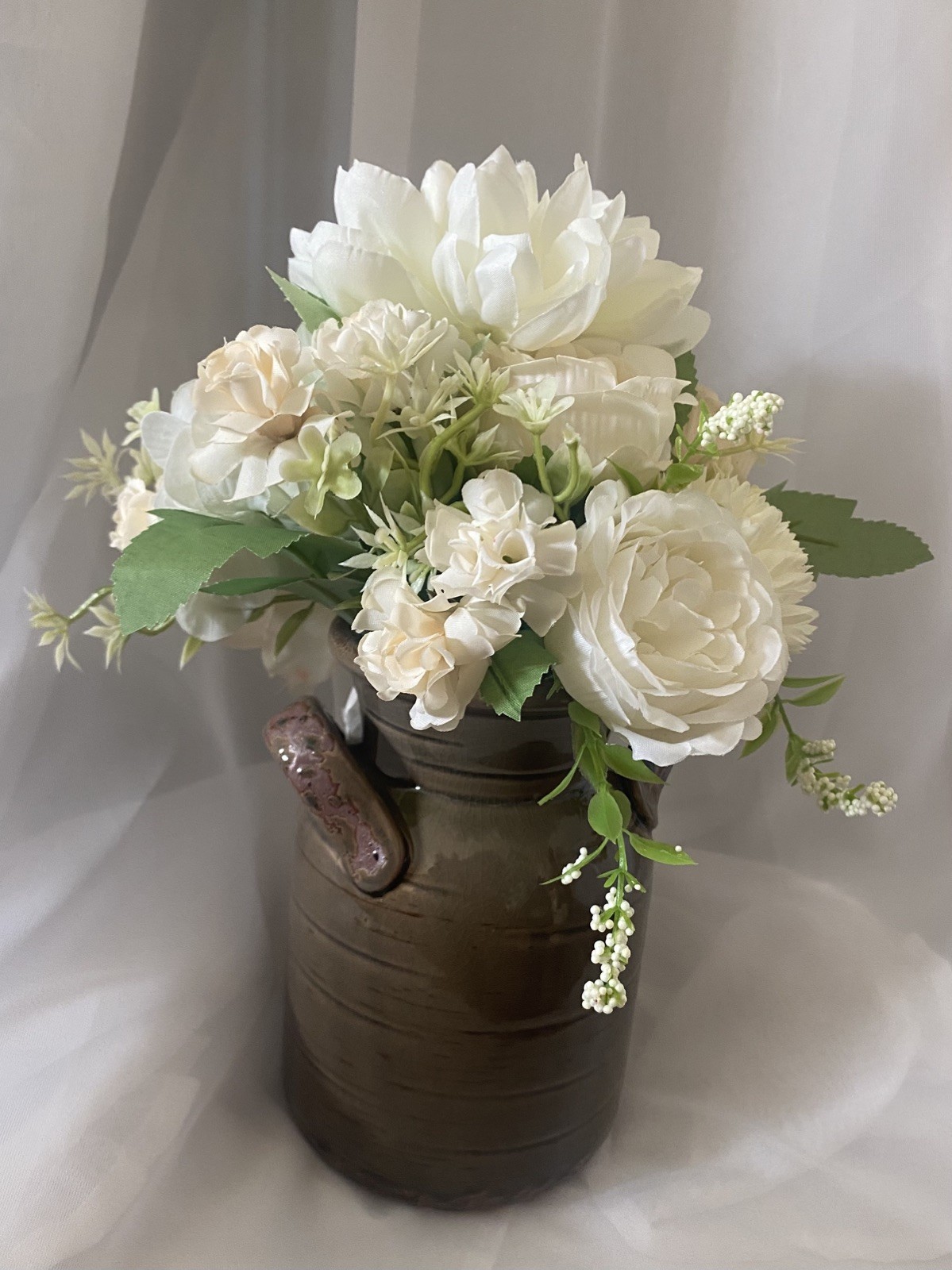 Array of Flowers Dahlia Roses Mums &more in a shiny green jug style vase Floral