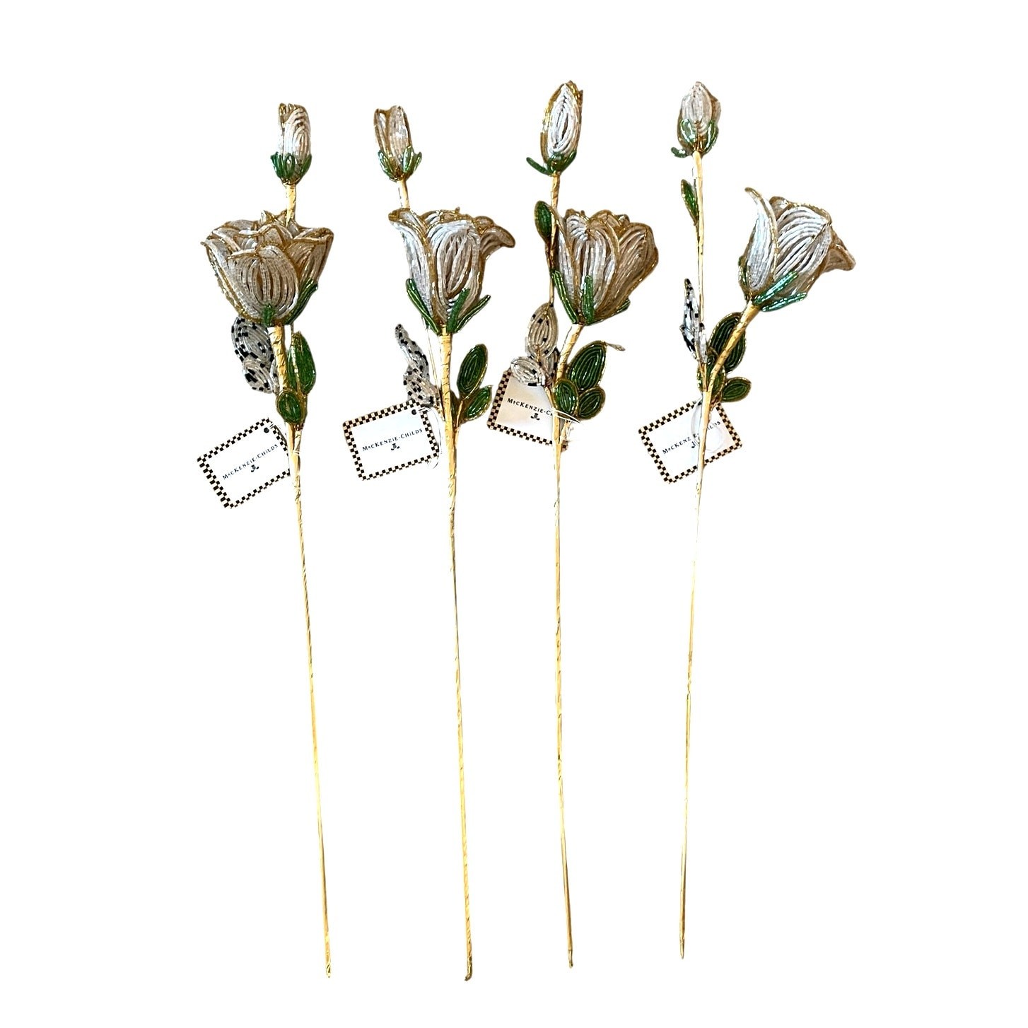 Brand New Mackenzie-Childs White Rose Beaded Stems, Set of 4