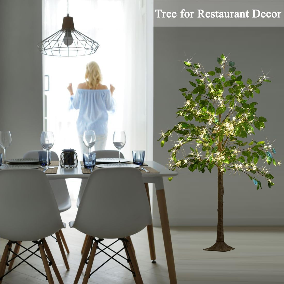 Artificial Ficus Silk Tree Lights 6FT 264 LED Fairy Lights, Faux Plant Tree with