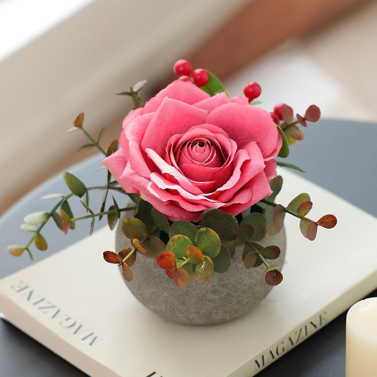 Pink DIY Small Artificial Flowers Potted Kit Realistic Silk Rose Vase Desk