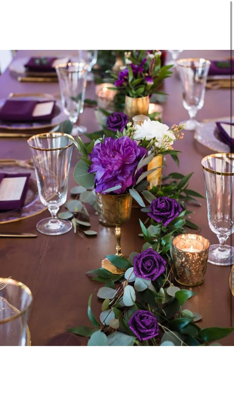 30PCS Purple Glitter Artificial Roses with Stems for DIY Crafts Wedding Decor