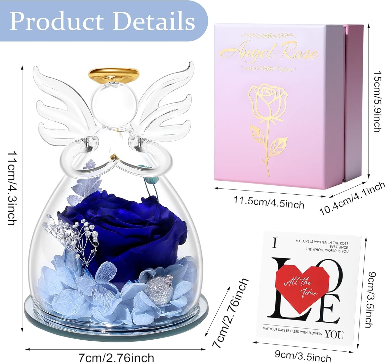 Blue Valentines Day Rose Gifts for Her, Preserved Rose in Glass Dome Angel Figur