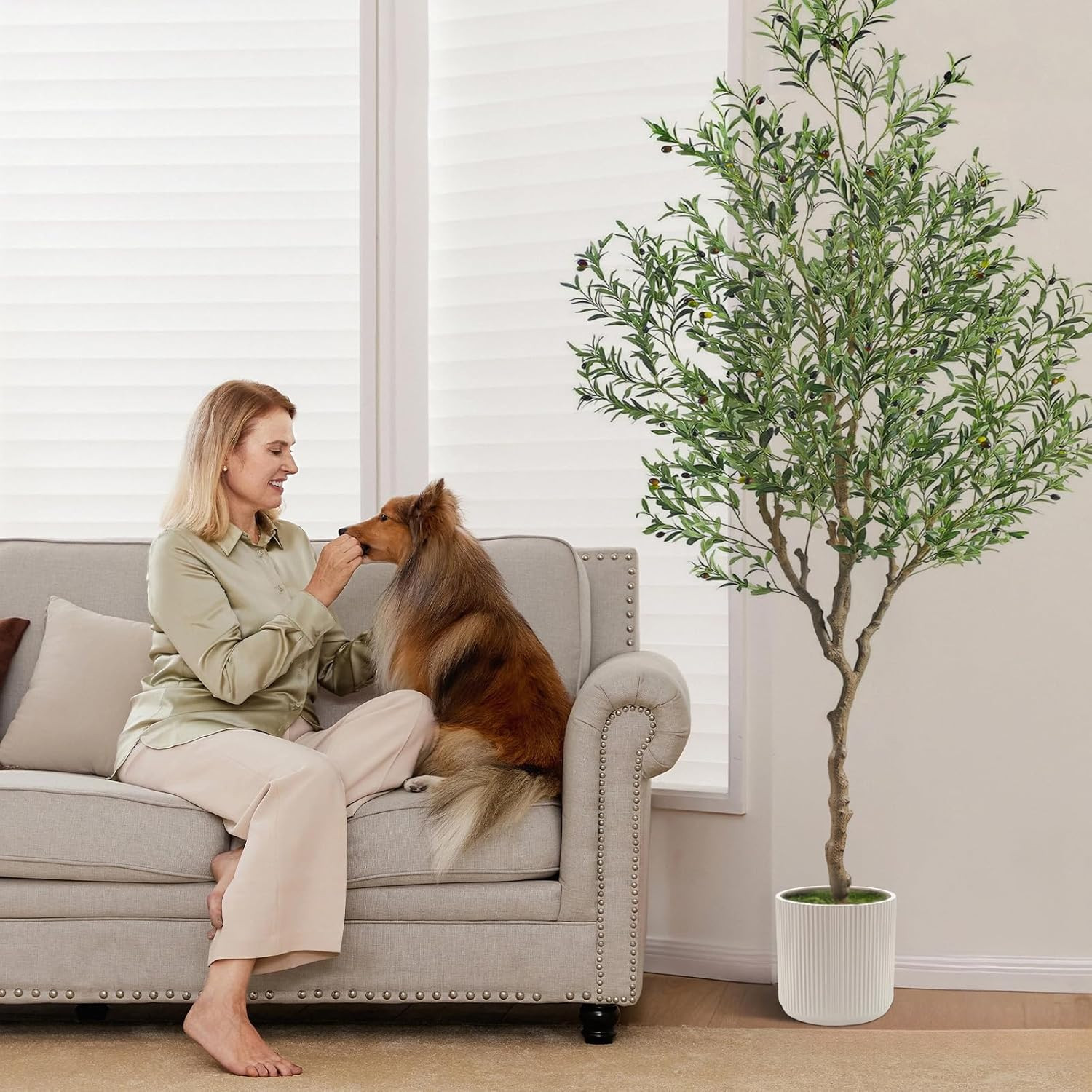 7ft Artificial Olive Tree Potted, Faux Indoor Plants with Natural Wood Trunk & L