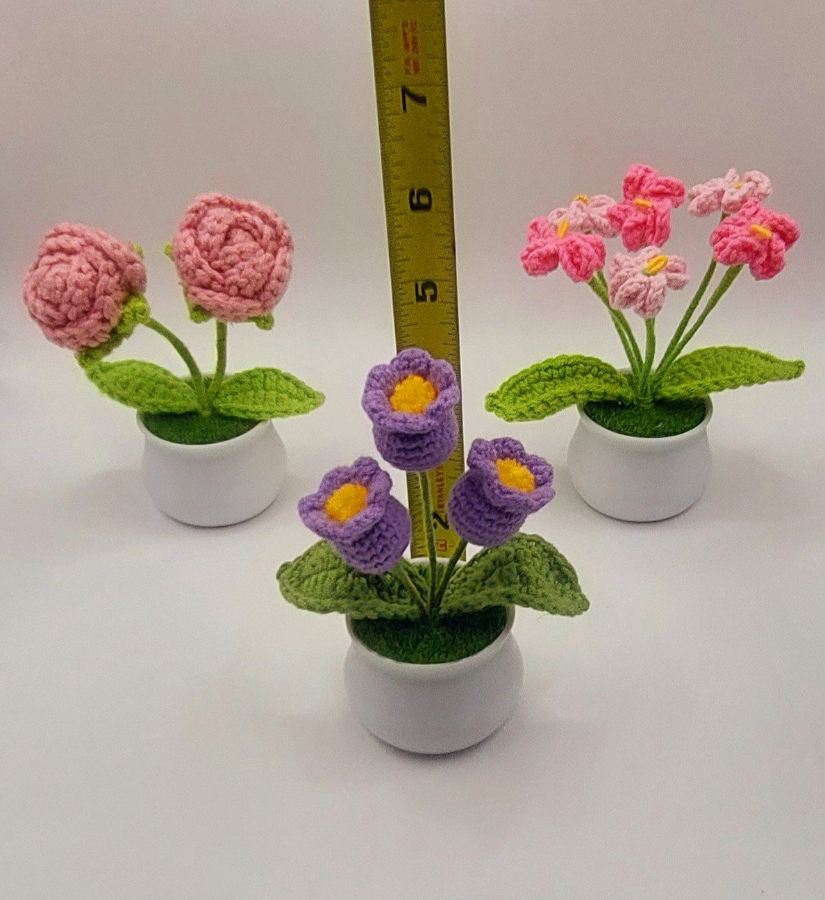 Crocheted Handmade Spring Flowers In Mini Pot W/Grass, Posable~Variety You Pick