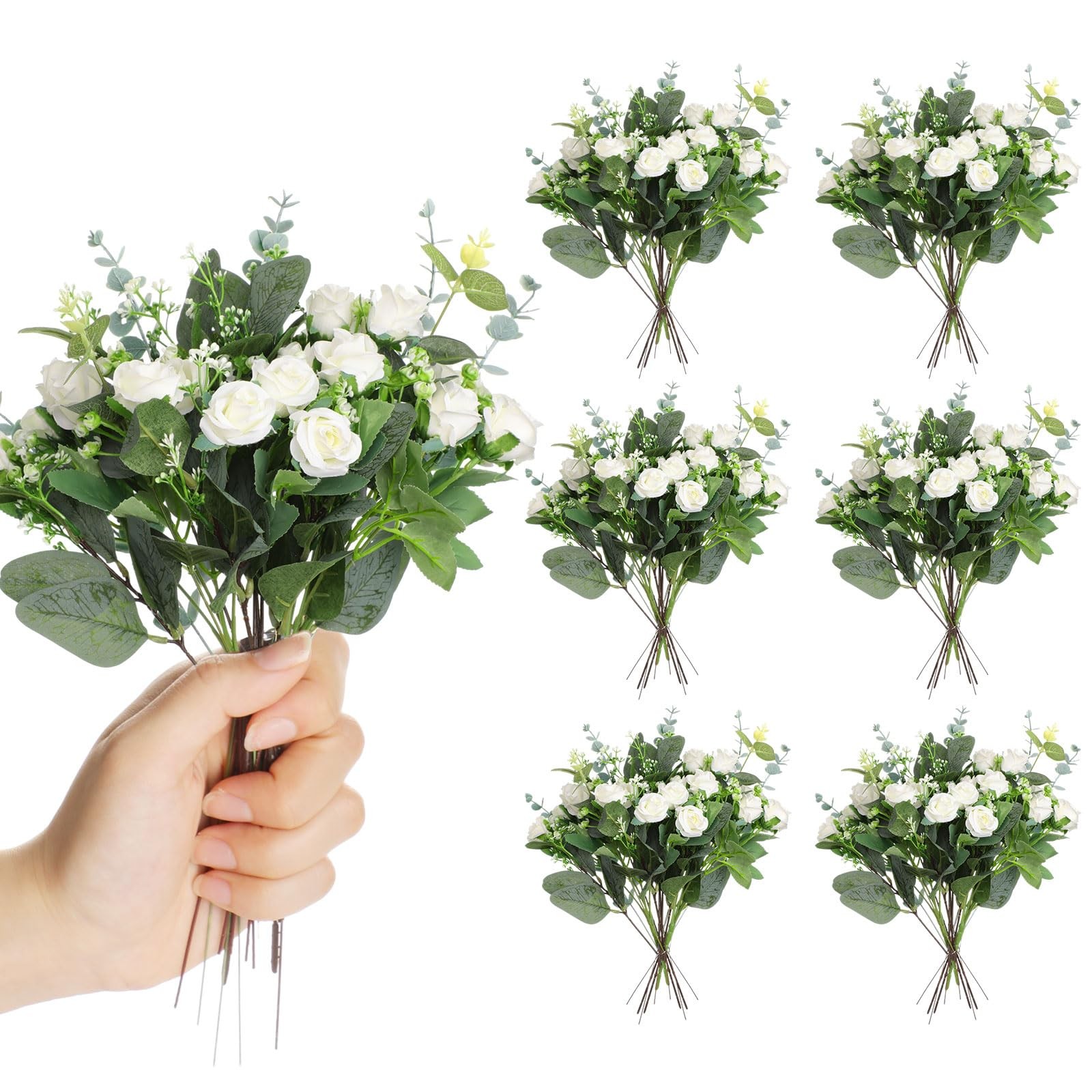 Set of 6 Bridesmaid Bouquets with White Roses and Eucalyptus Stems for Weddings