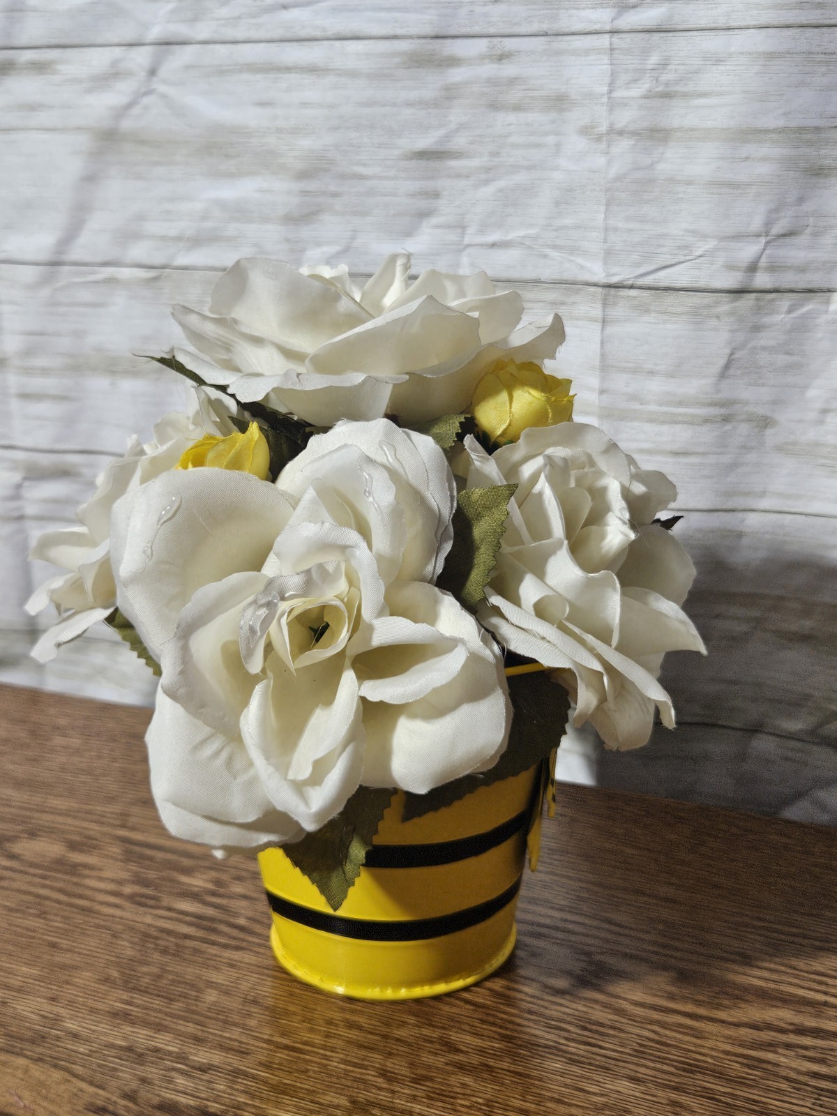 Homemade Bee Mine White Rose Flower Arrangement In A Yellow N Black Tin Bucket