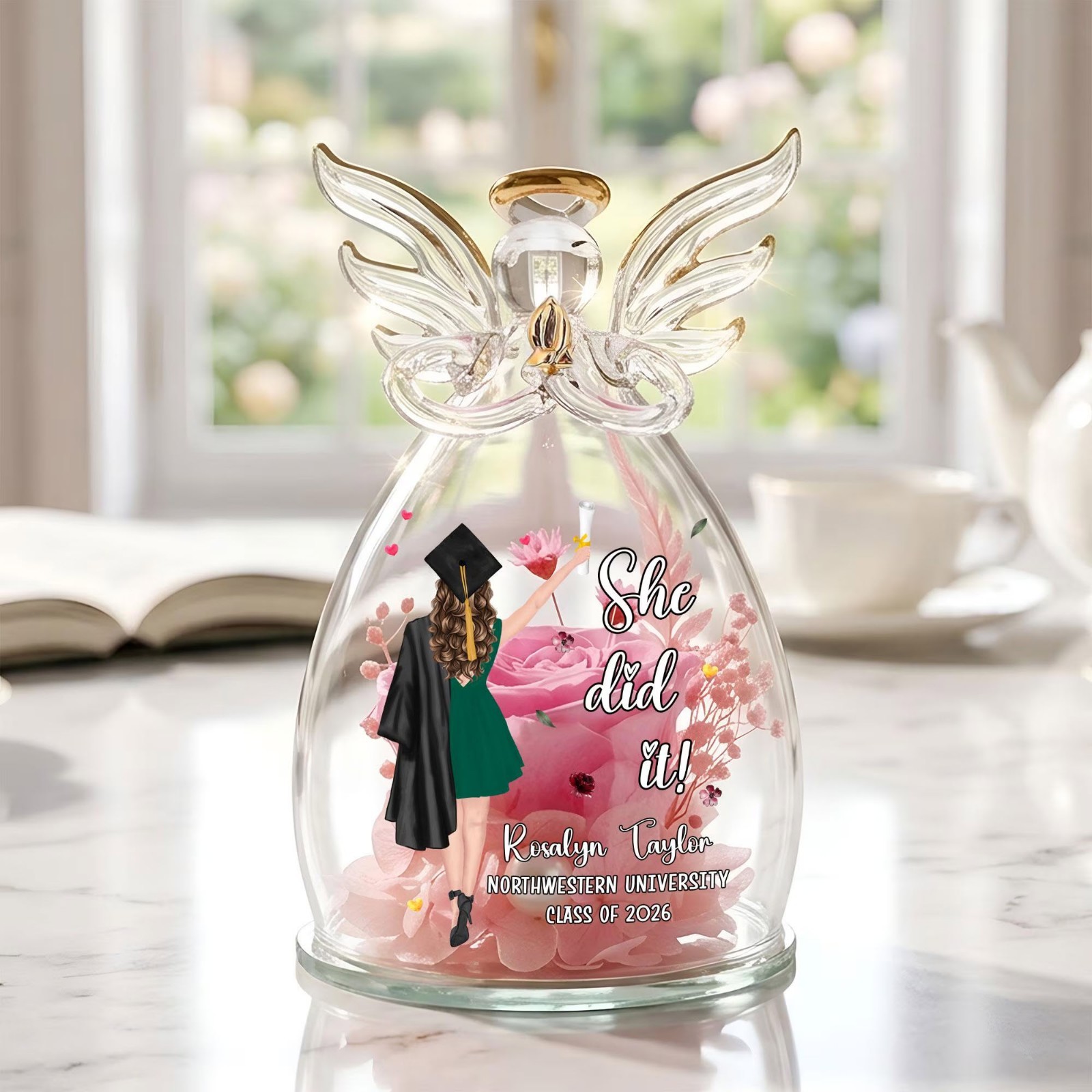 Custom Graduation Rose Angel Dome, Personalized Class of 2026 Gift, Glass Flower