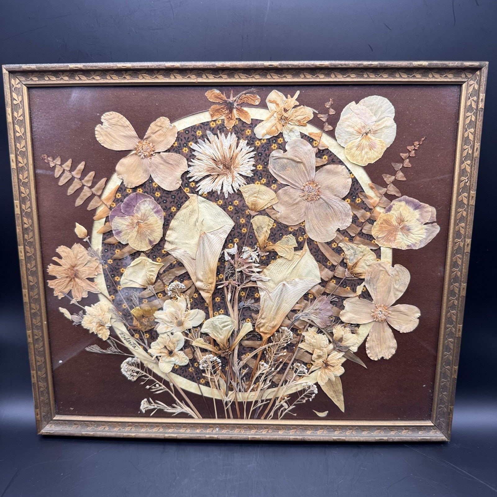 Vintage Pressed Dried Flower Art Wooded Botanical Frame Signed by Artist