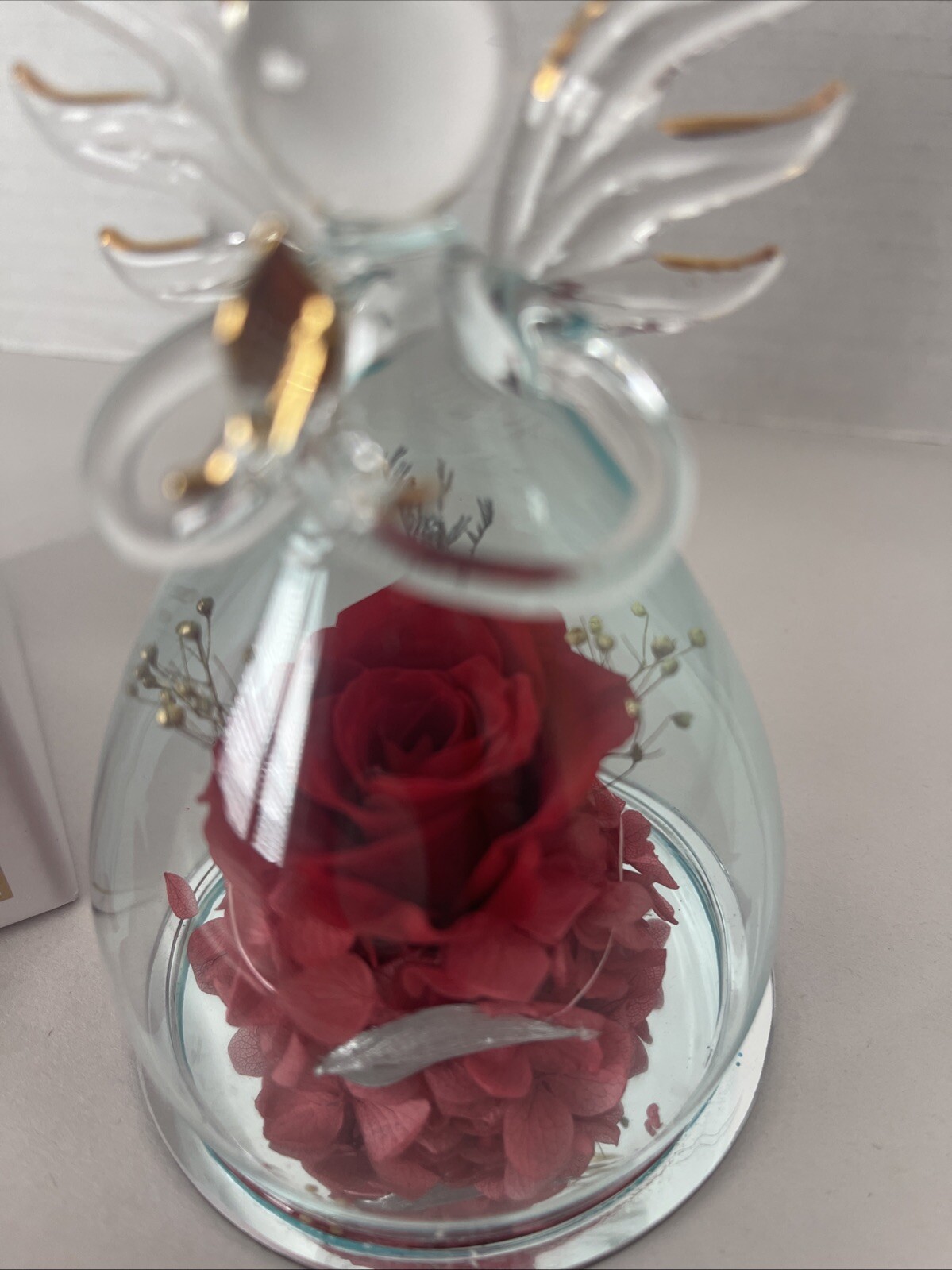 Angel Preserved Rose Real Red Flower Clear Glass Angel Anlunob Gifts 4.25”