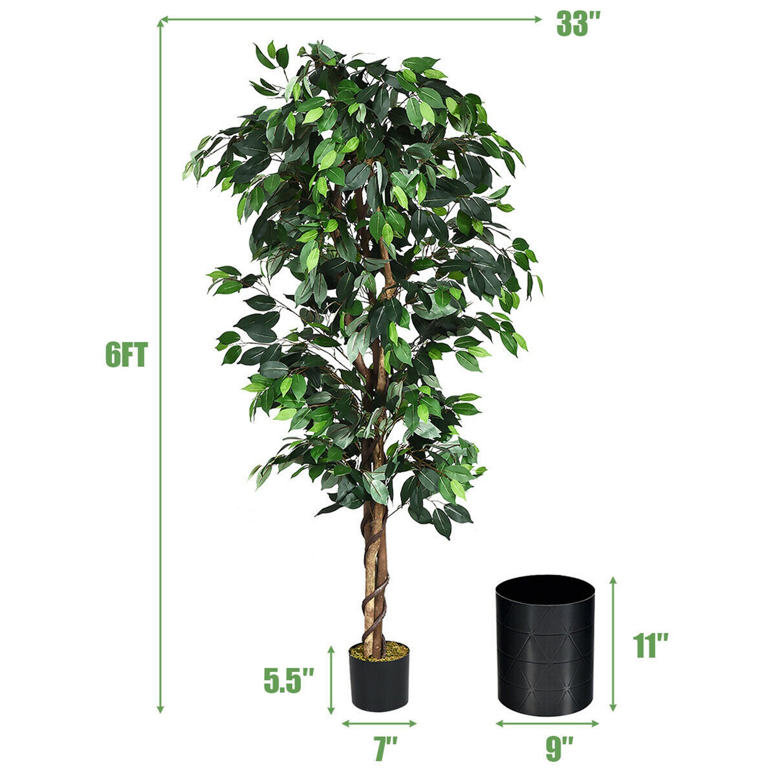 6Ft Artificial Ficus Tree Fake Greenery Plant Home Office Decoration