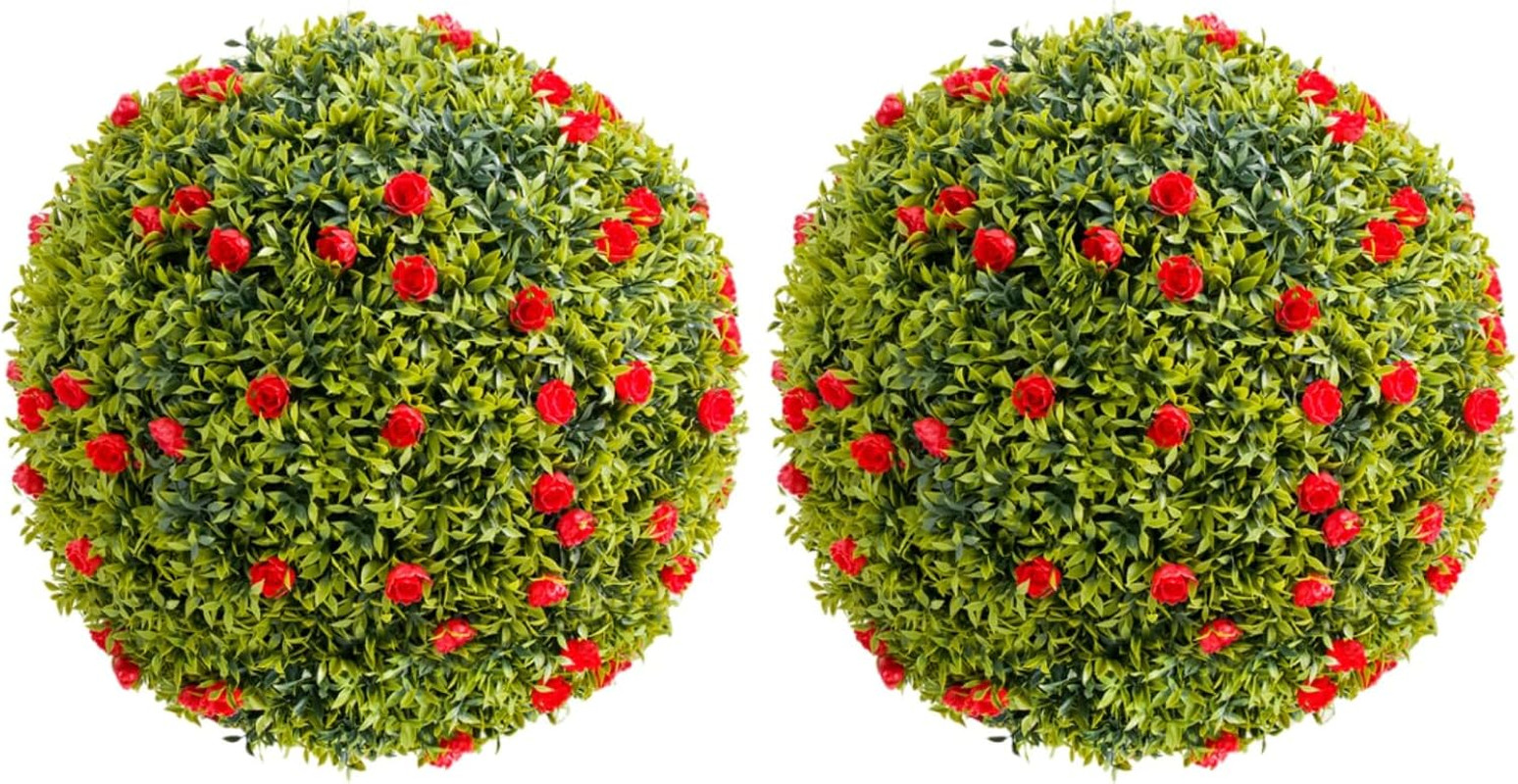Set of 2 20.5″ Artificial Boxwood Topiary Balls with Red Flowers for Home Decor