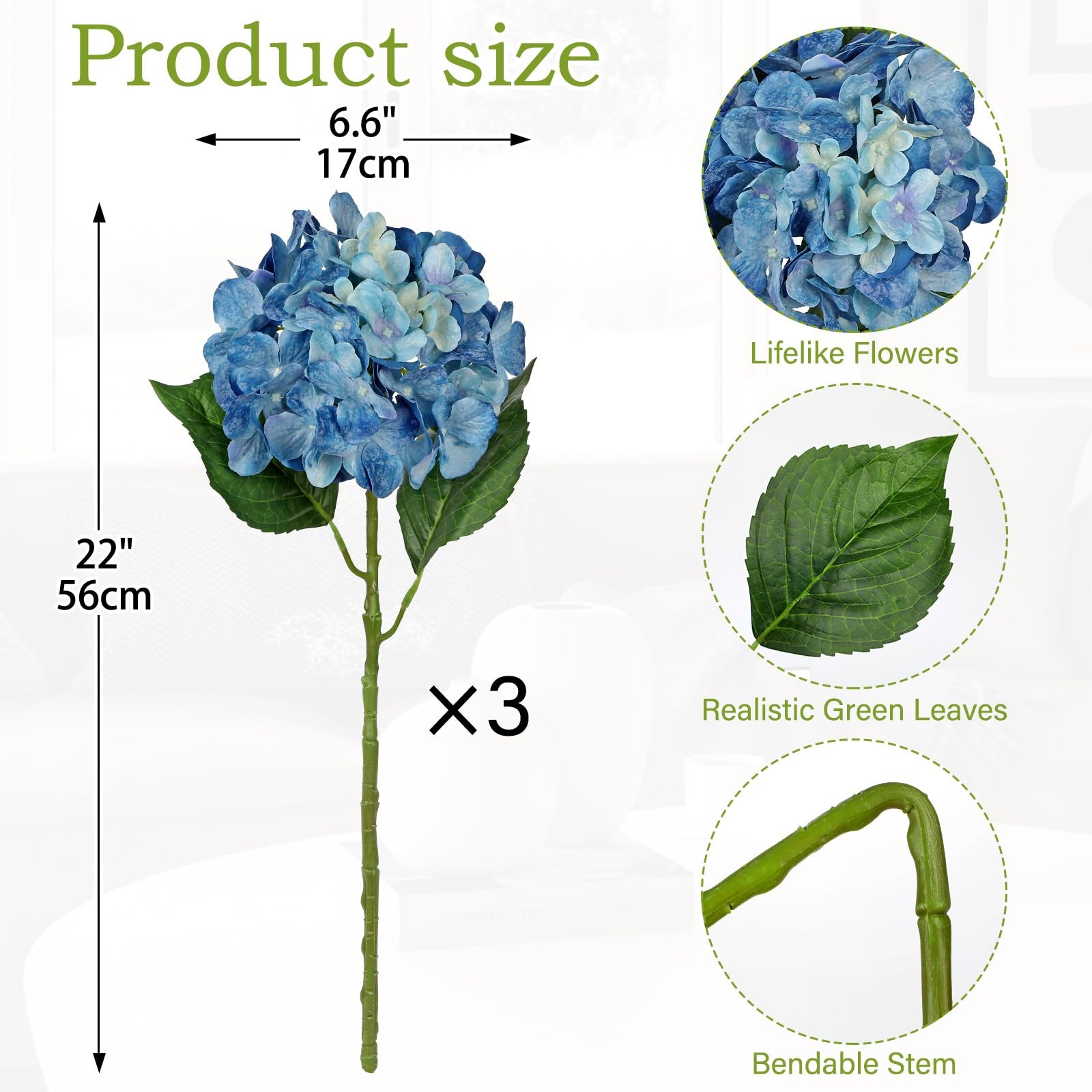 22″ Blue Hydrangea Artificial Flowers with Large Bloom, Silk Hydrangea Flower…