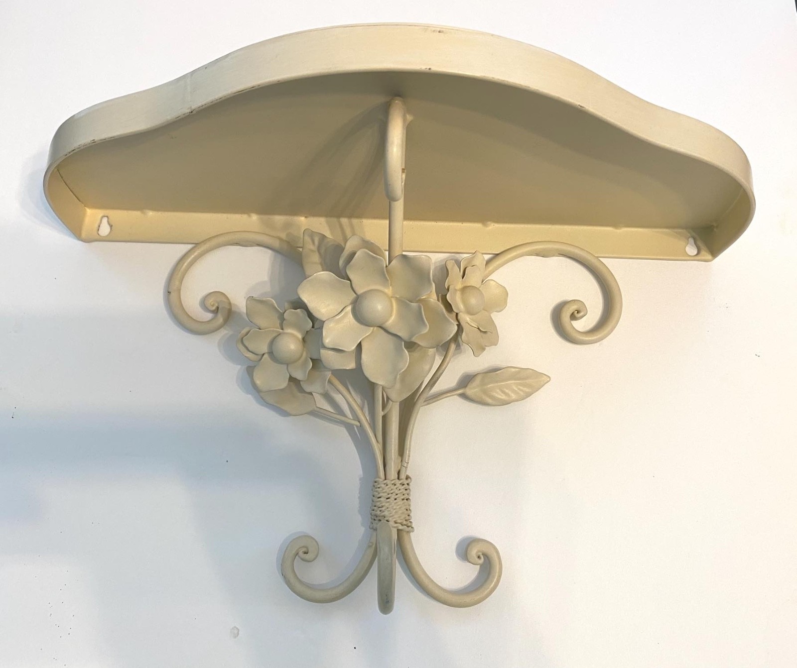 Vintage Ivory Cream off White Metal Floral Flowers Leaves Wall Shelf Beautiful!