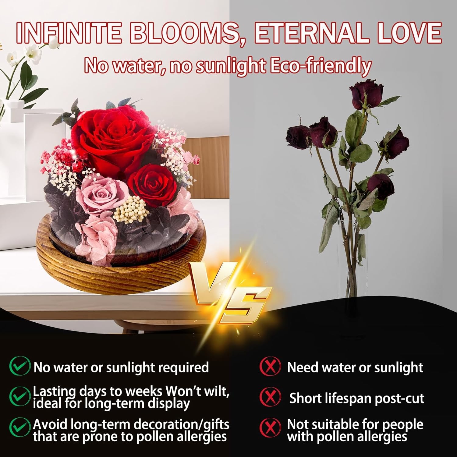 Forever Flowers Preserved Rose in Glass Dome Birthday Mothers Day Gift for Mom