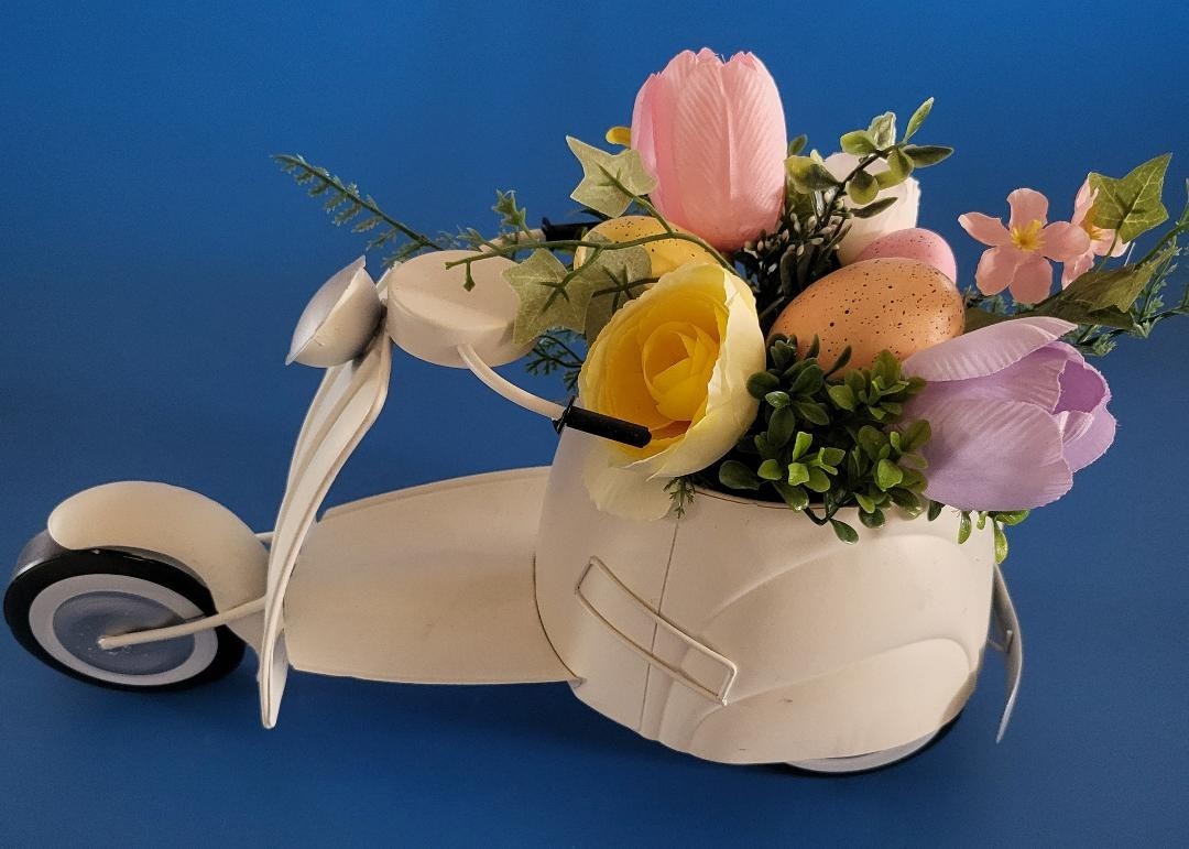 Spring Tulip Arrangement in Vespa-Like Metal Scooter w Artificial Flowers & Eggs